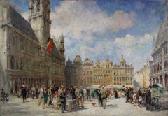 Belgisches Ölgemälde auf Leinwand „Grand Place in Brüssel“, signiert, ungerahmt, Skizze