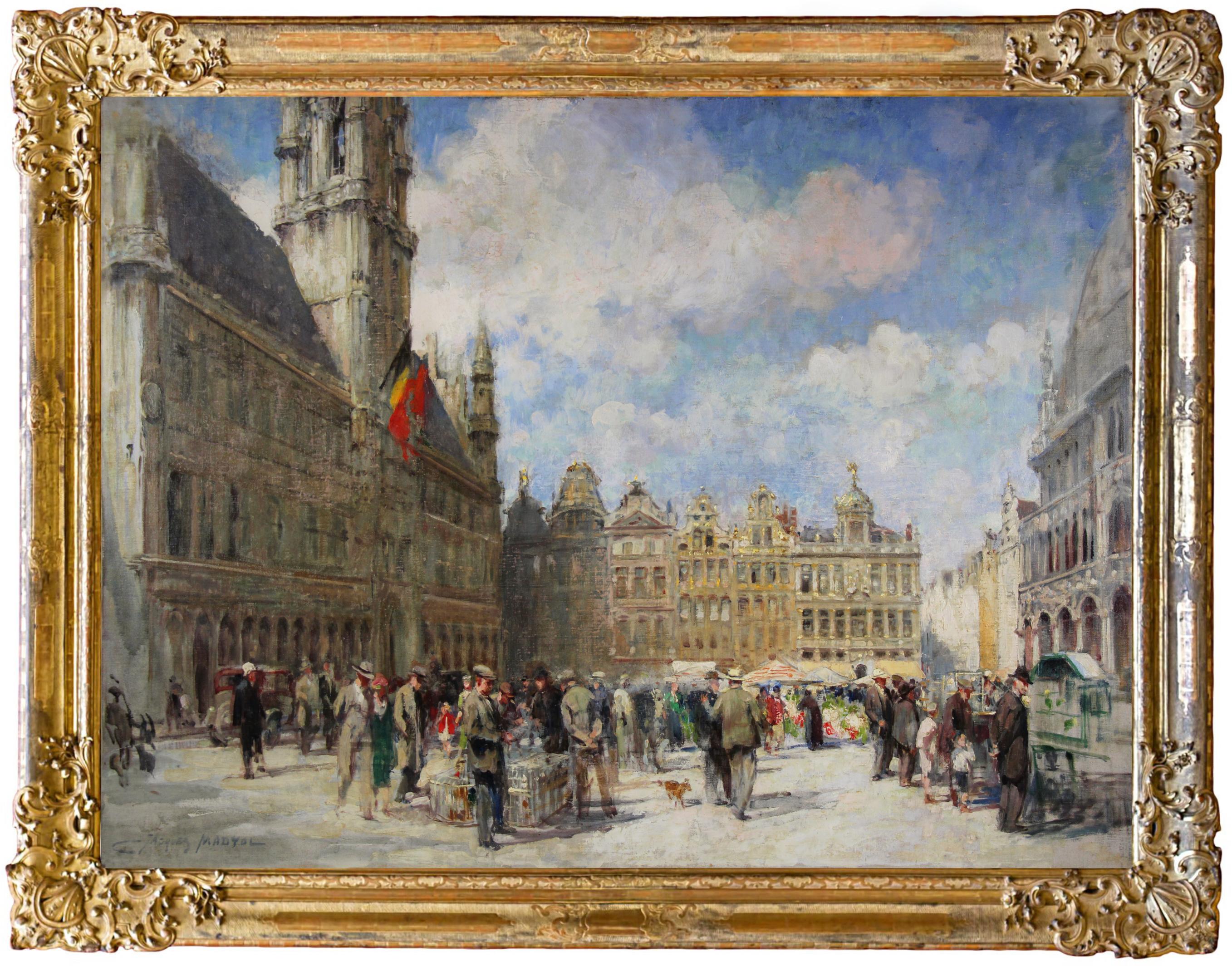 Belgian oil on canvas "Grand Place of Brussels" signed, not framed, sketch