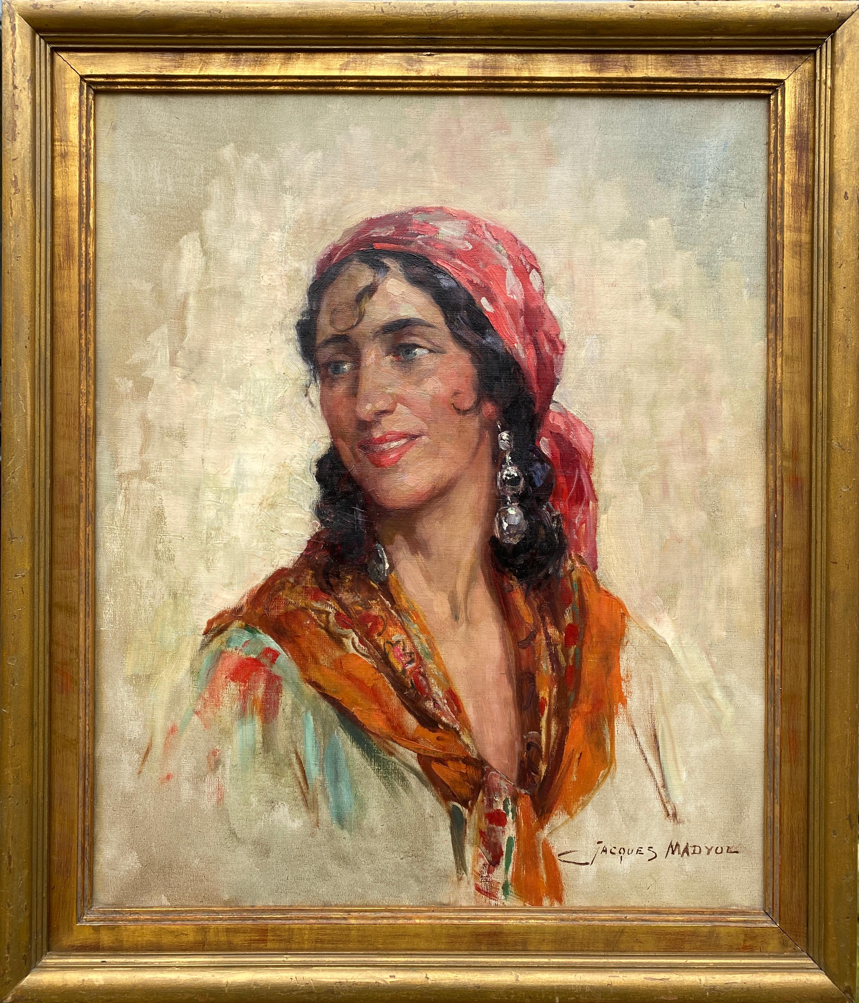 Madyol Jacques
Brussels 1871 – 1950
Belgian Painter

A Gypsy Lady
Signature: Signed bottom right, verso signed Jacques Madyol, titled "Gitane" and placed Studio 5 Rue Gachard, Bruxelles
Medium: Oil on canvas
Dimensions: Image size 46 x 54,50 cm,
