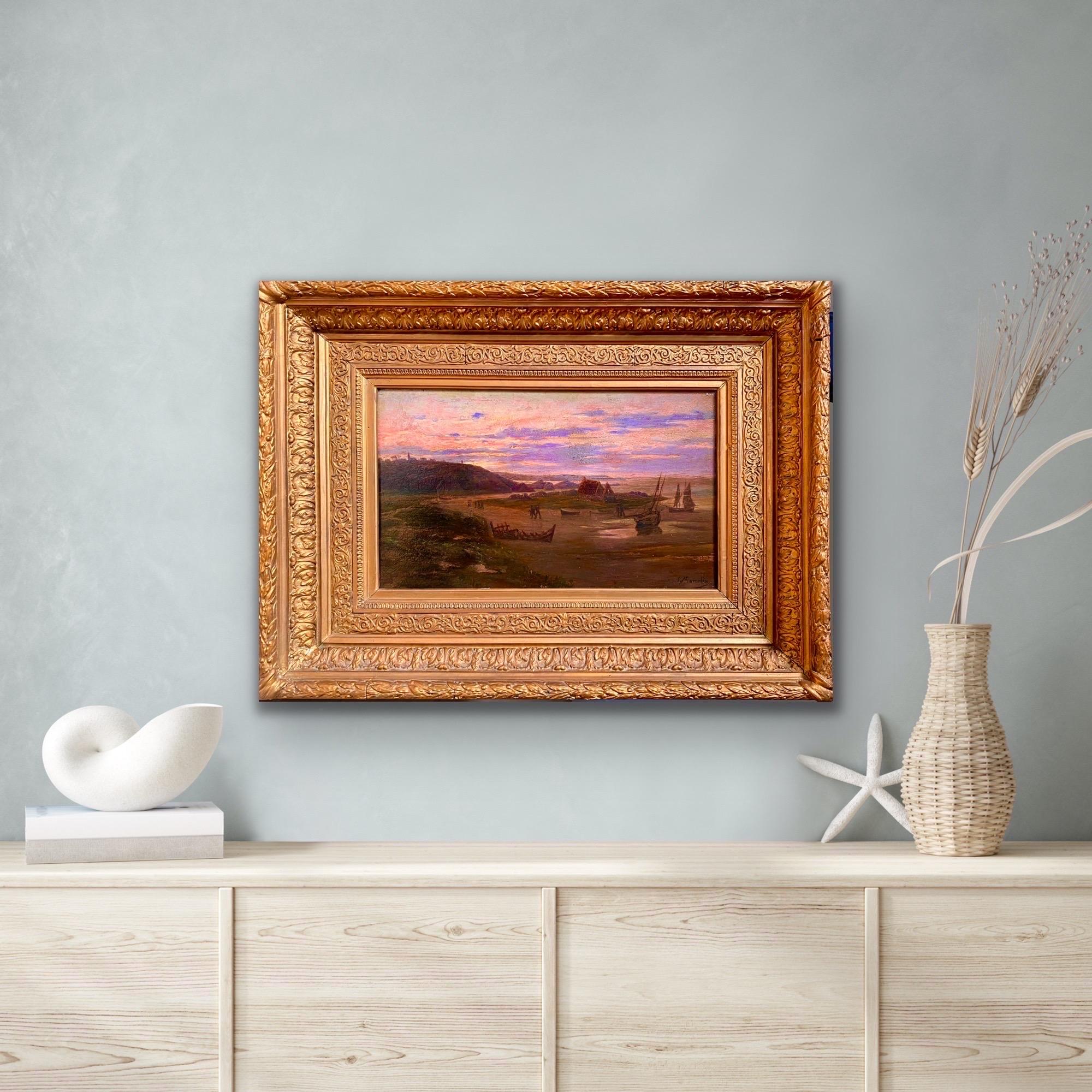 19th French painting Sunset over the beach by Jacques Marcelin

Wonderful and vibrant French impressionist painting depicting a sunset over a French beach. Fishermen can be seen returning home while the sunset beautifully colours the sky. In the