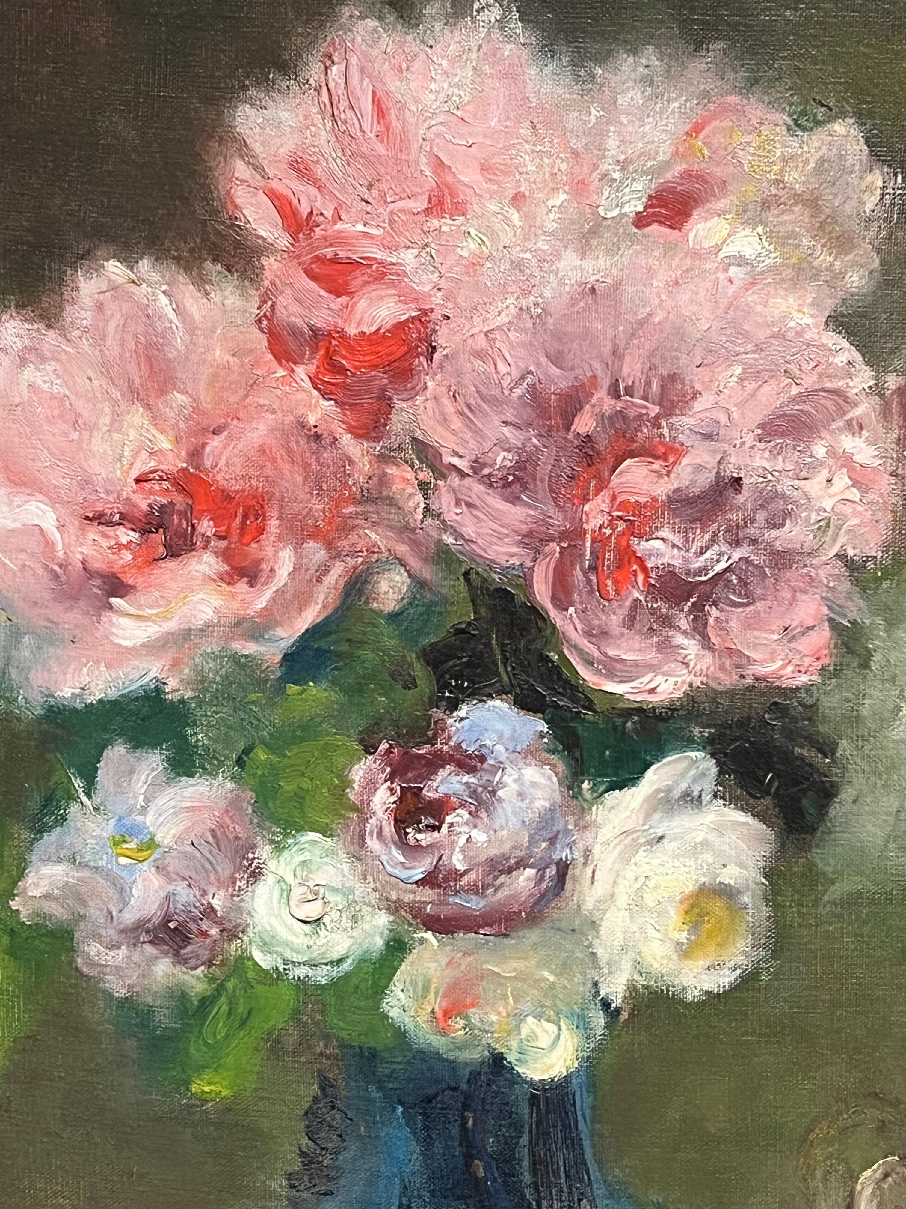 Antique French Firmato Fiori rosa in vaso blu Natura morta floreale Pittura ad olio in vendita 5