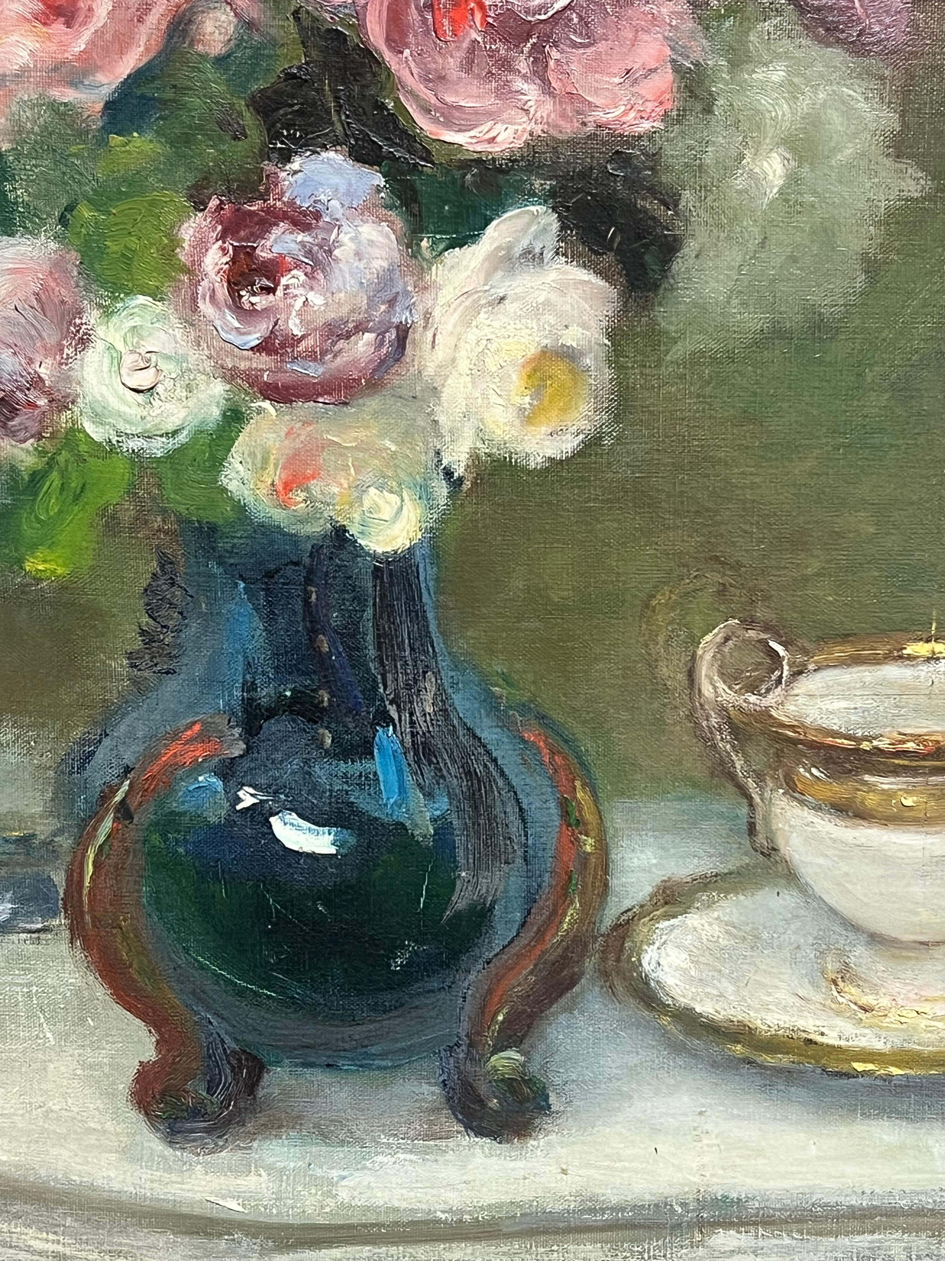 Antique French Firmato Fiori rosa in vaso blu Natura morta floreale Pittura ad olio in vendita 6
