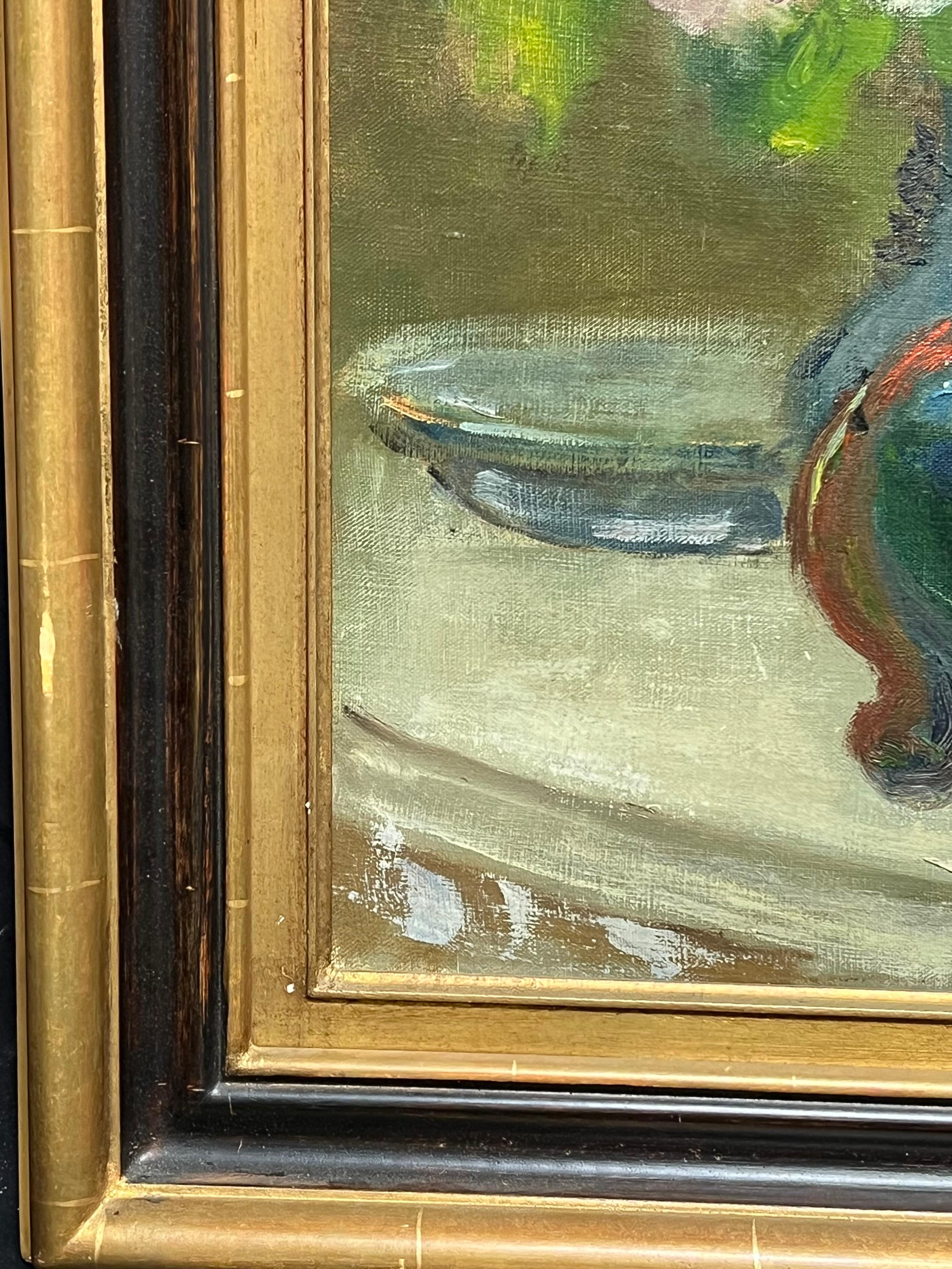 Antique French Firmato Fiori rosa in vaso blu Natura morta floreale Pittura ad olio in vendita 7