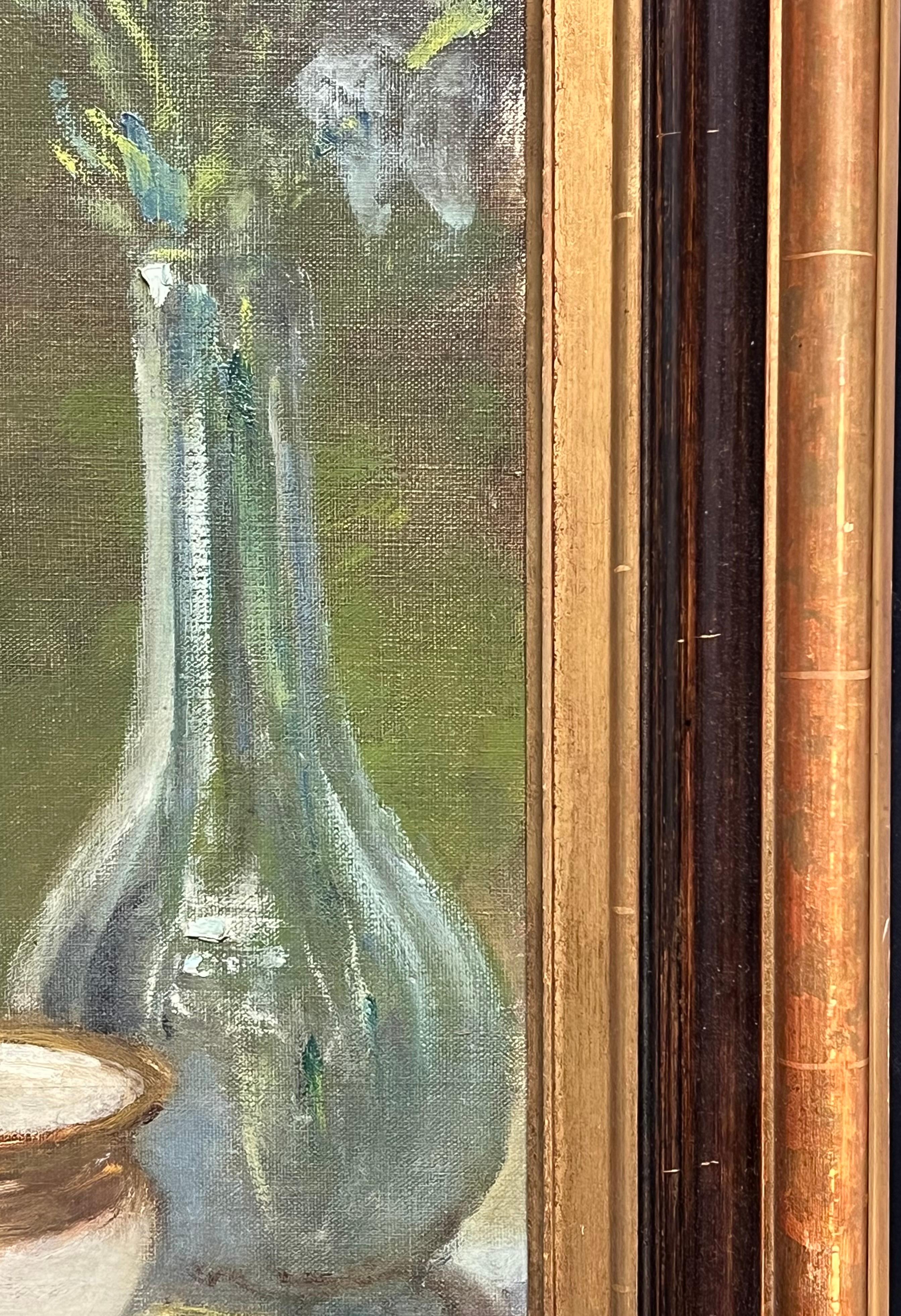 Antique French Firmato Fiori rosa in vaso blu Natura morta floreale Pittura ad olio in vendita 8