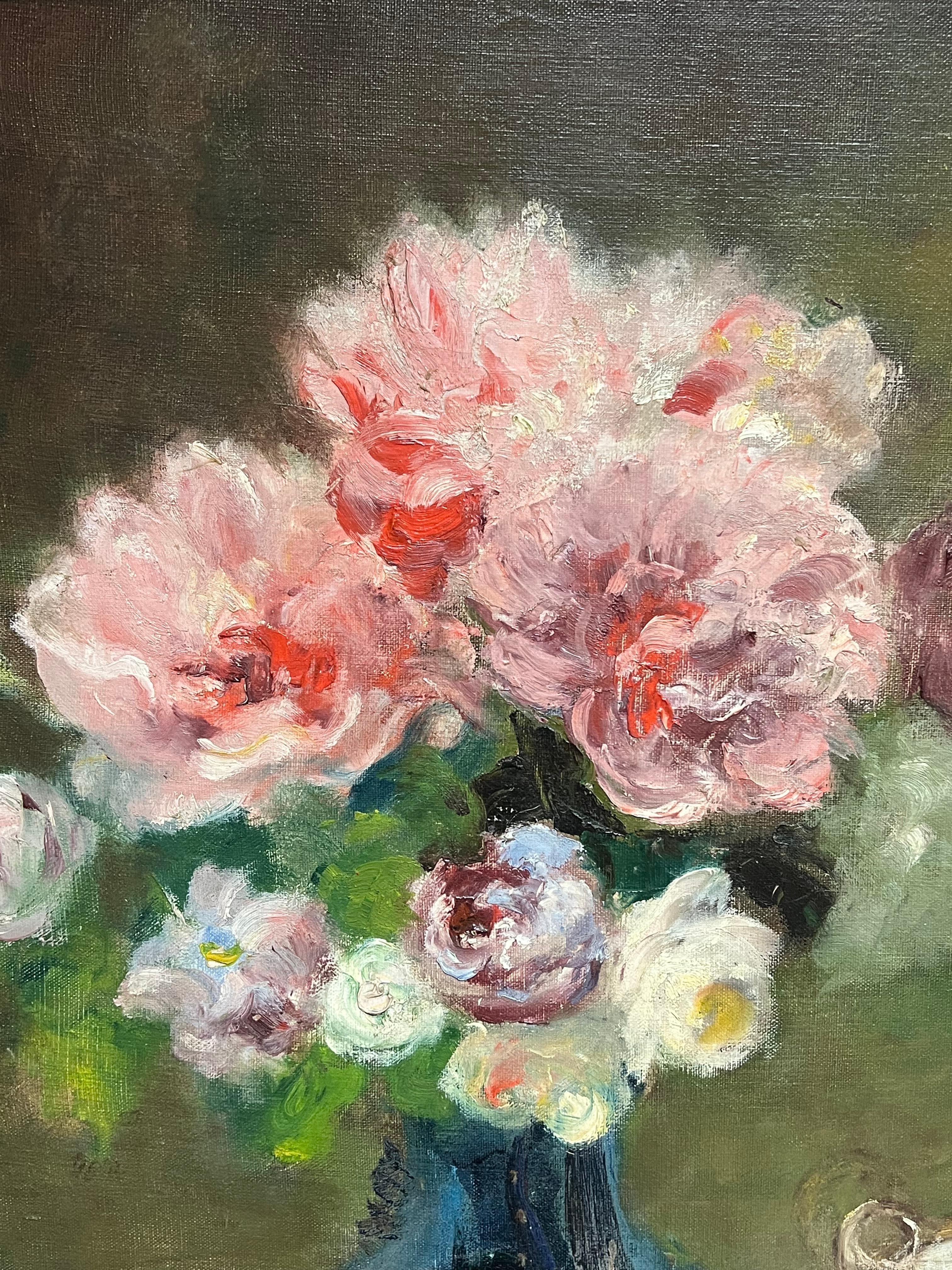 Antique French Firmato Fiori rosa in vaso blu Natura morta floreale Pittura ad olio - Interior Painting Marrone di Jacques MARTIN (1844-1919)