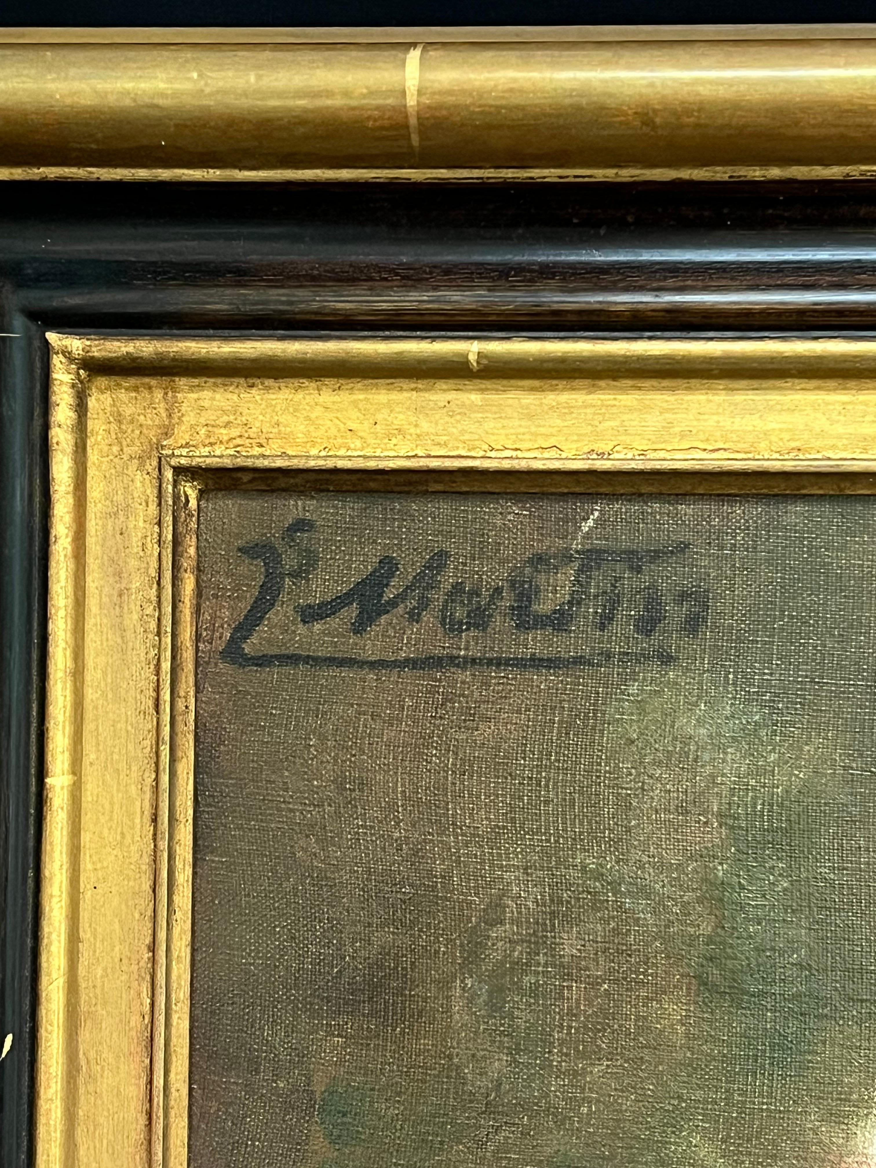 Antique French Firmato Fiori rosa in vaso blu Natura morta floreale Pittura ad olio in vendita 1