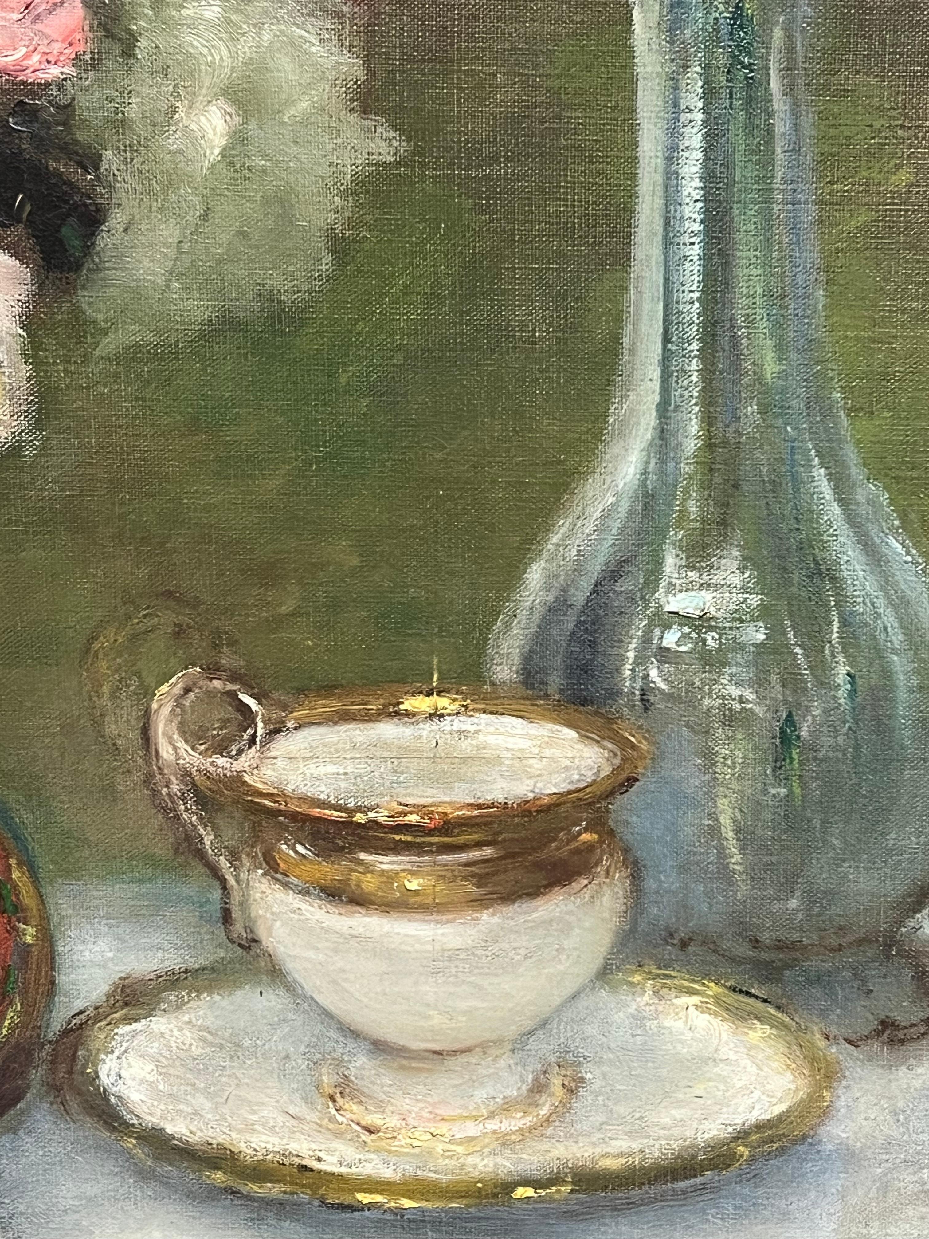Antique French Firmato Fiori rosa in vaso blu Natura morta floreale Pittura ad olio in vendita 4
