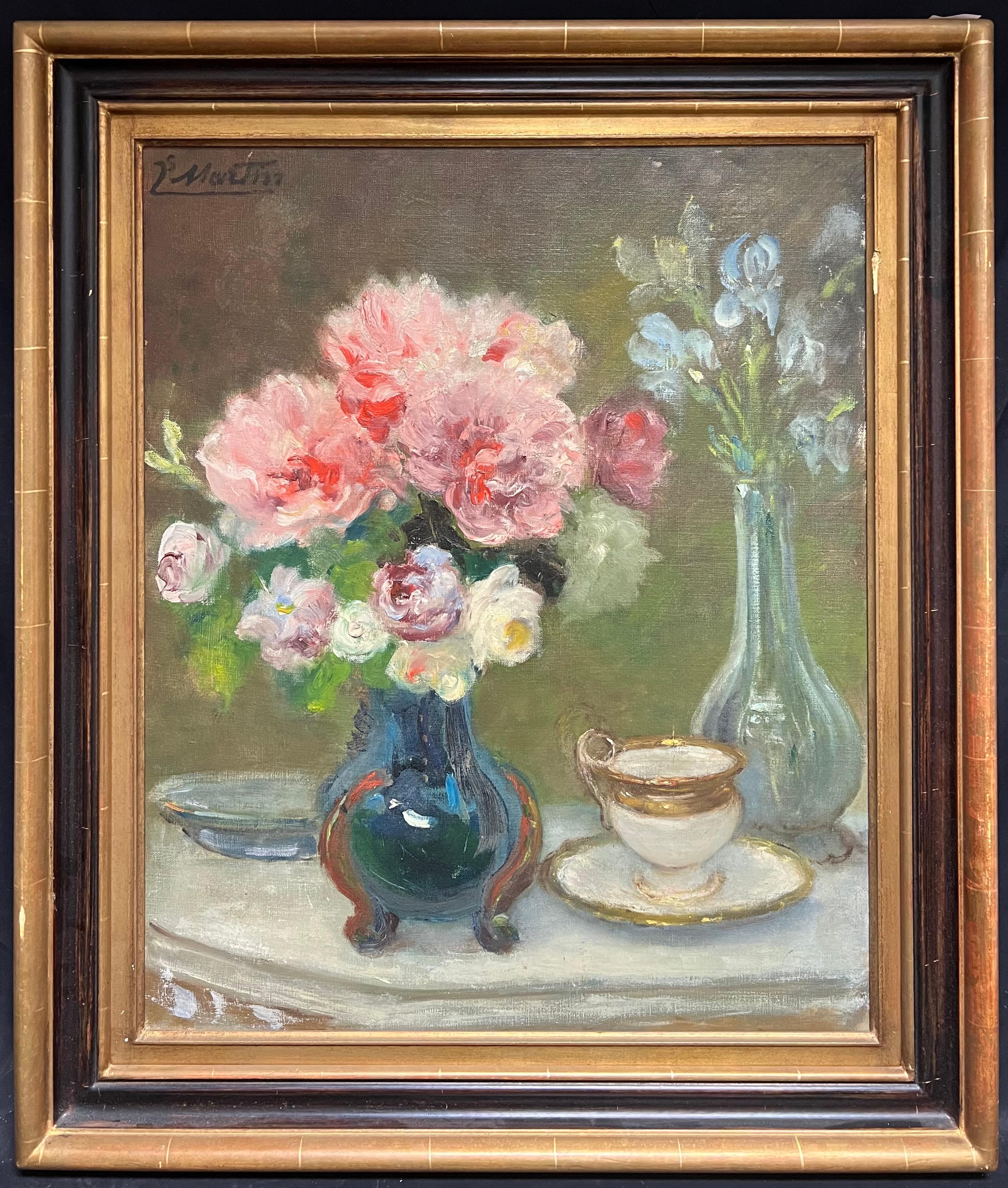 Interior Painting di Jacques MARTIN (1844-1919) - Antique French Firmato Fiori rosa in vaso blu Natura morta floreale Pittura ad olio