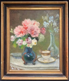 Antiquité française signée Fleurs roses dans un vase bleu Nature morte florale, peinture à l'huile