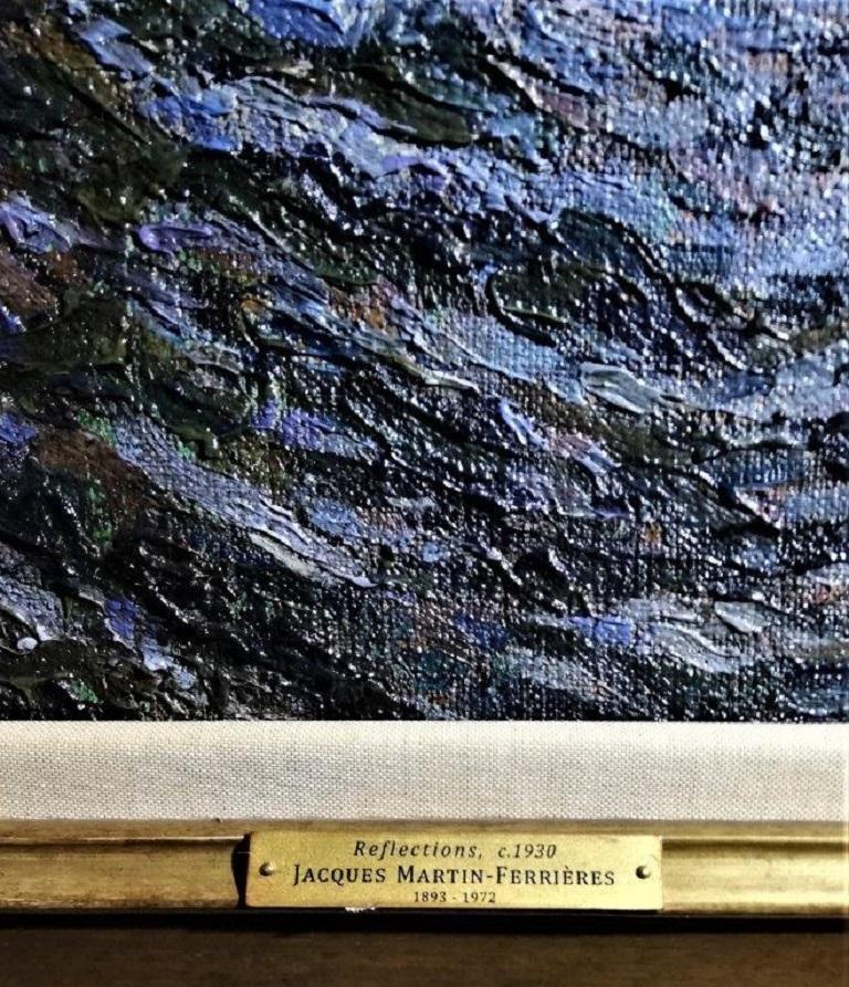 « Reflections », paysage français, détails de rivière post-impressionnistes, huile sur toile - Noir Landscape Painting par Jacques Martin Ferrieres