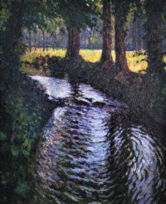 “Reflections", French landscape, post-impressionist river detail, oil on canvas