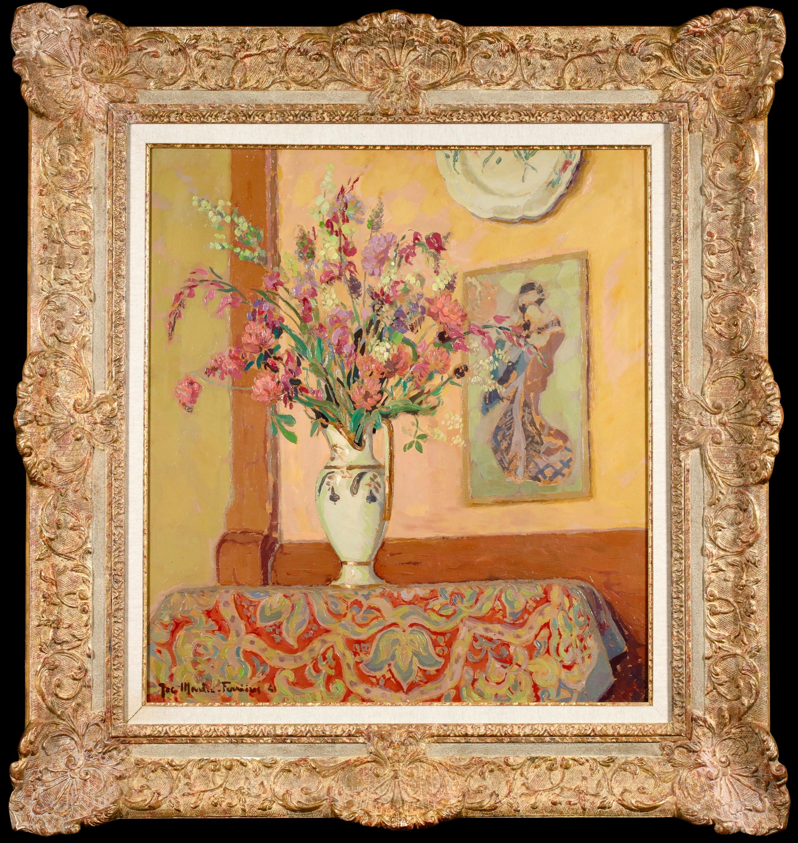 Interior Painting Jacques Martin-Ferrières - Arrangement Japonais - Nature morte post-impressionniste de Jacques Martin Ferrieres