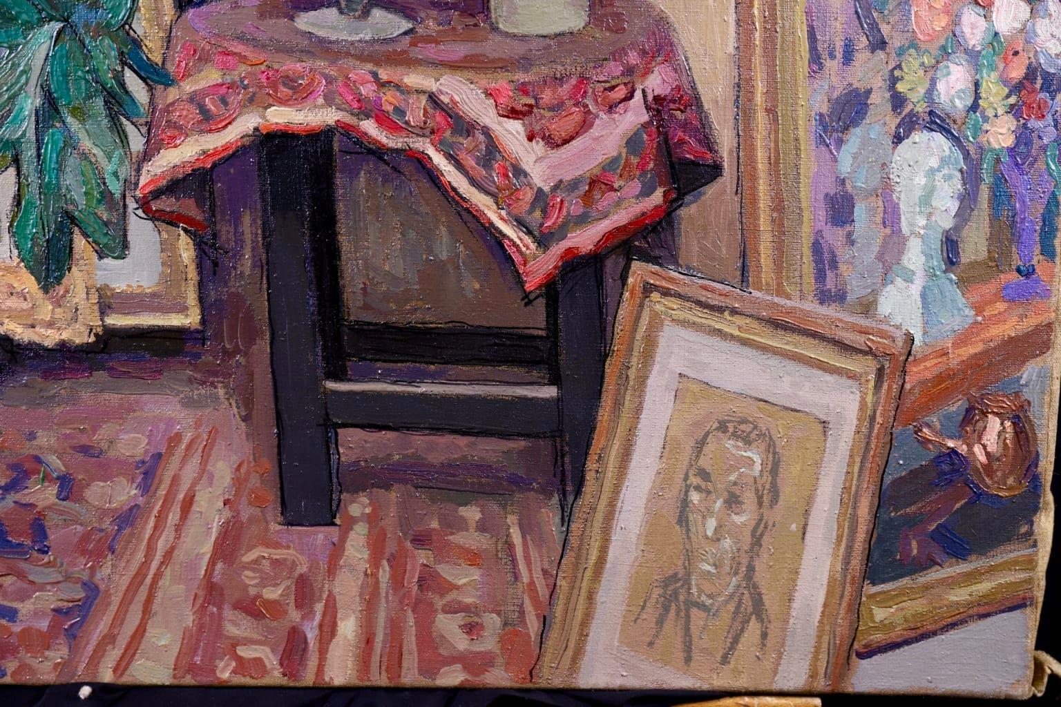 Artist's Studio - Post Impressionist Oil, Interior by Jacques Martin-Ferrieres - Gray Still-Life Painting by Jacques Martin-Ferrières