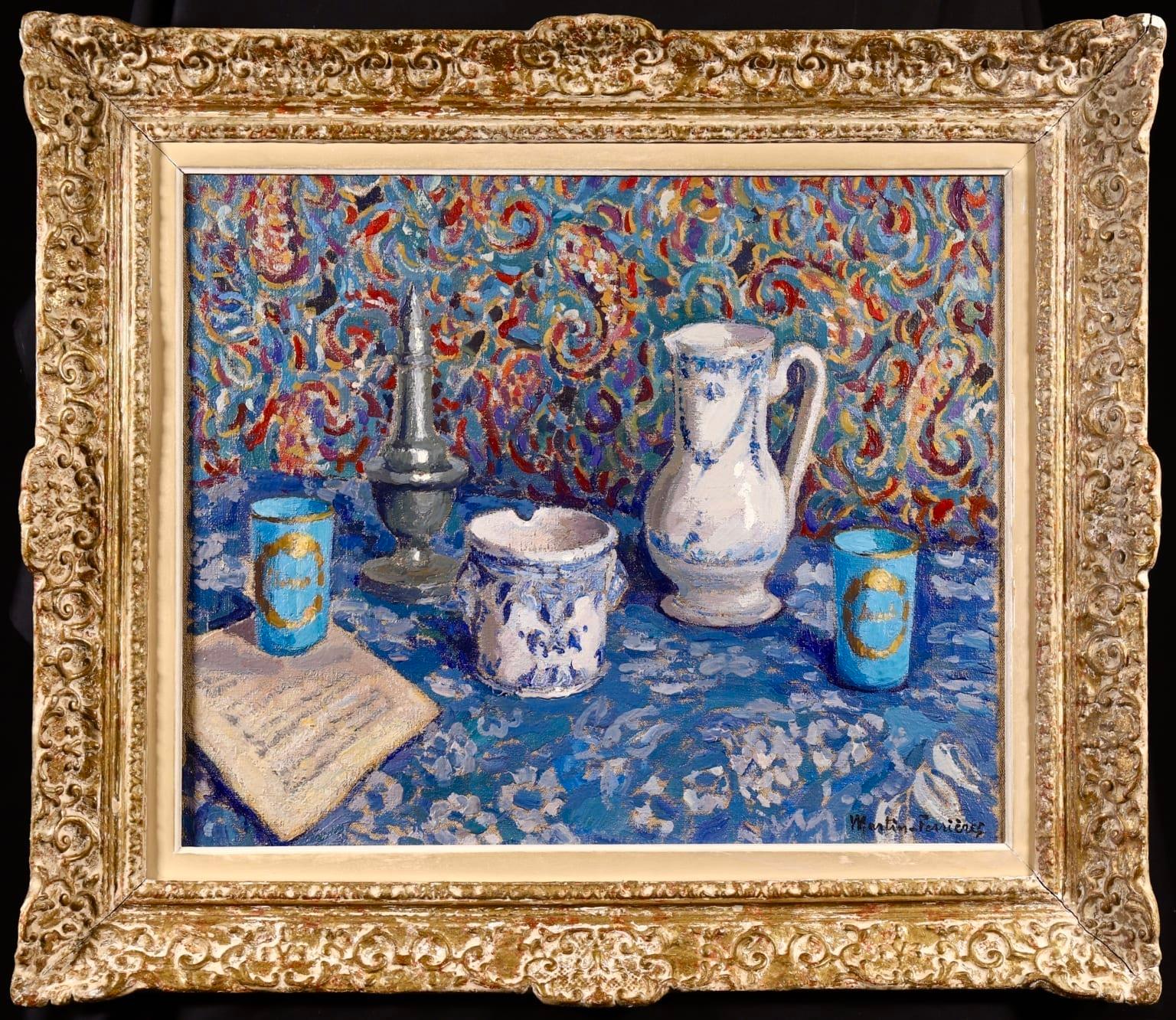 Blue Still Life - French Post Impressionist Oil by Jacques Martin-Ferrieres - Painting by Jacques Martin-Ferrières