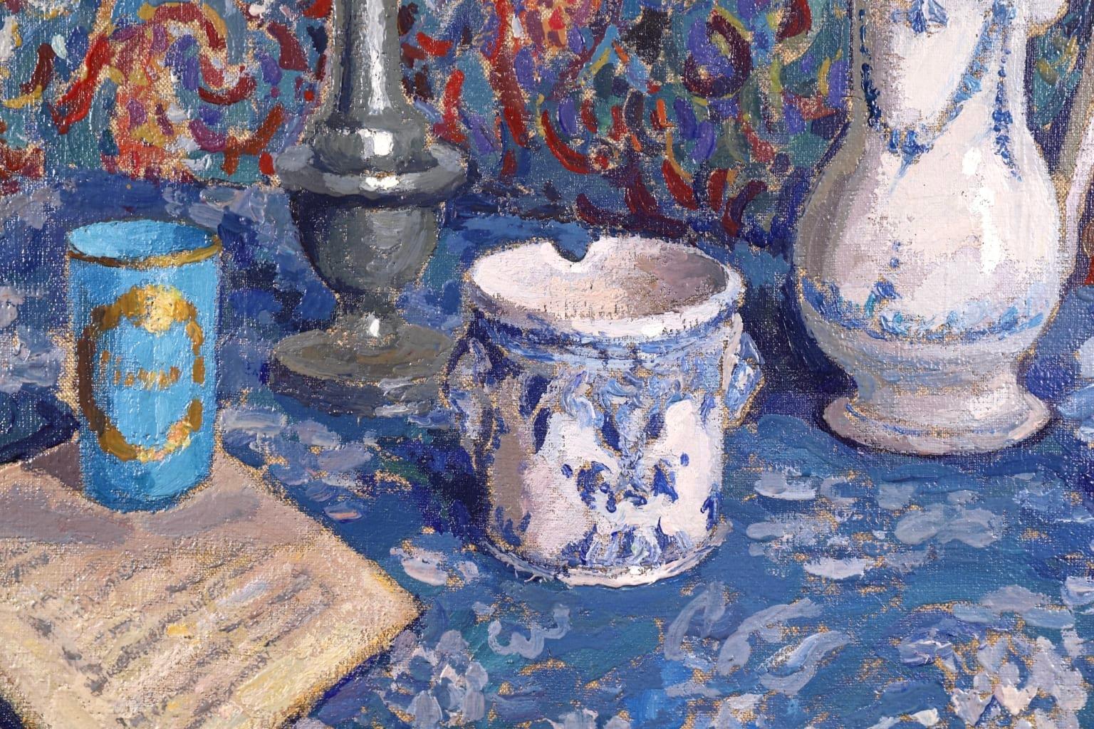 Blue Still Life - French Post Impressionist Oil by Jacques Martin-Ferrieres - Post-Impressionist Painting by Jacques Martin-Ferrières