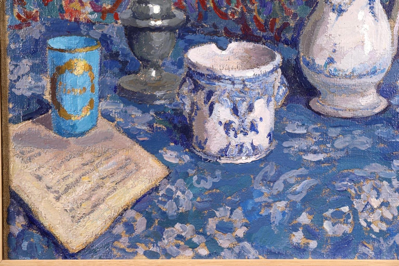 Blue Still Life - French Post Impressionist Oil by Jacques Martin-Ferrieres - Gray Interior Painting by Jacques Martin-Ferrières