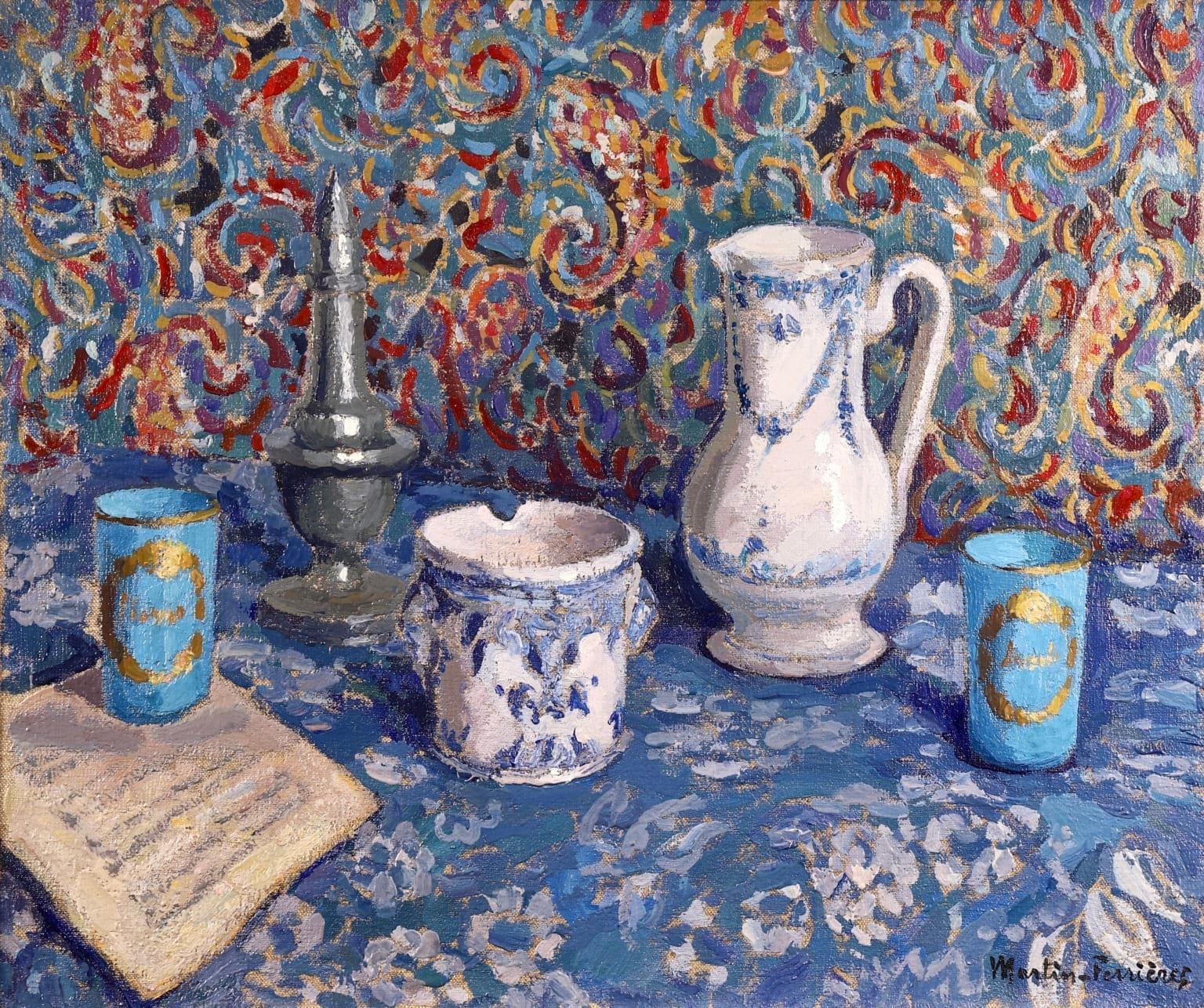 Jacques Martin-Ferrières Interior Painting - Blue Still Life - French Post Impressionist Oil by Jacques Martin-Ferrieres