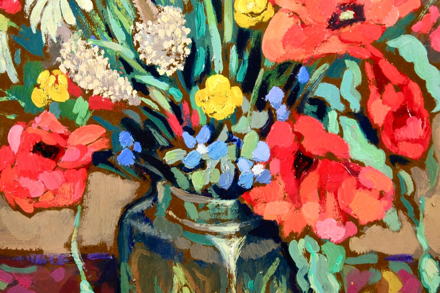 Bouquet de Fleurs - Post Impressionist Oil, Flowers by Jacques Martin-Ferrieres - Brown Interior Painting by Jacques Martin-Ferrières