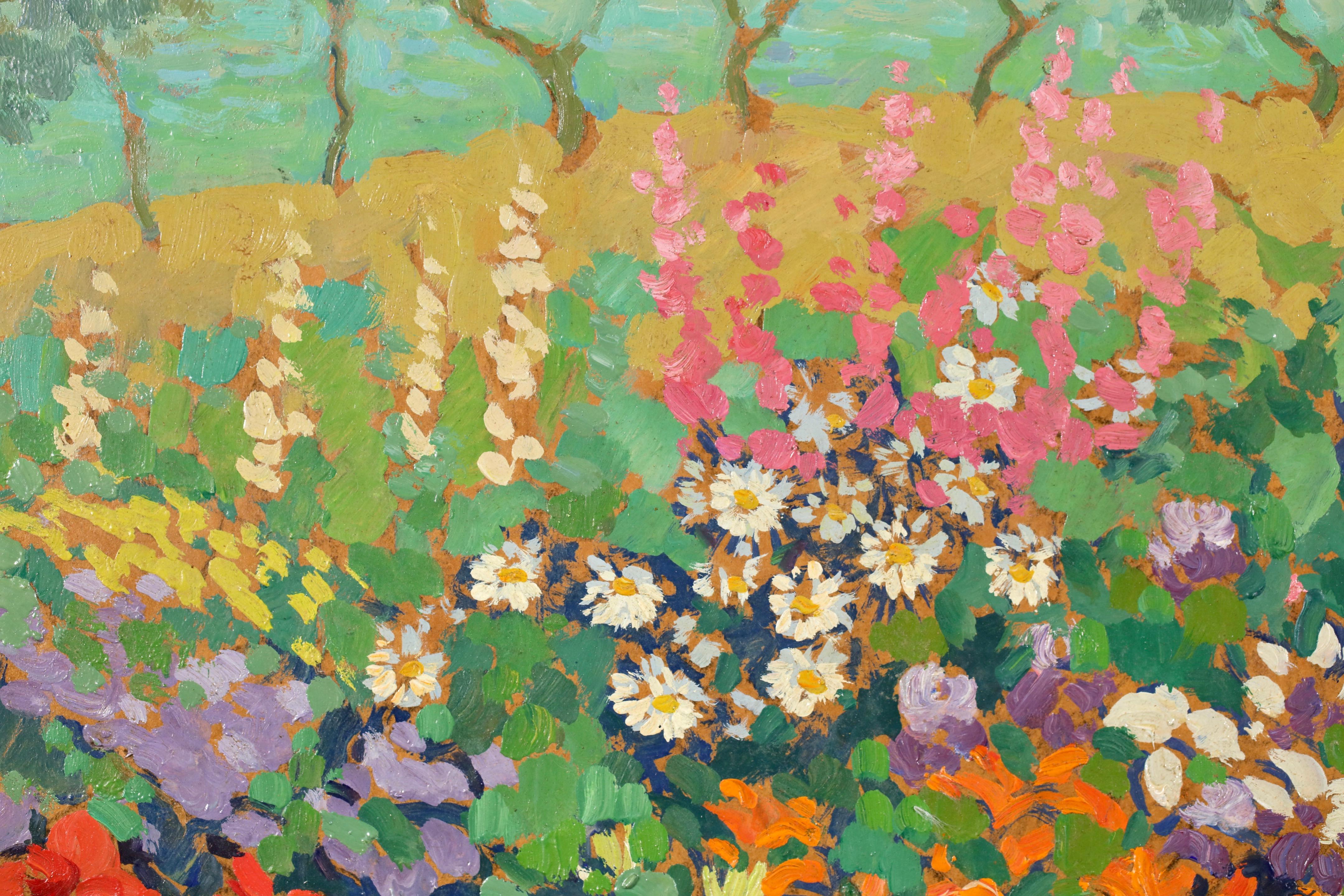 A simply beautiful oil on canvas circa 1950 by French post-impressionist painter Jacques Martin-Ferrieres. The work is of a field filled with bright flowers in all shades of red, lilac, white, pink, yellow and orange. The flowers contrast