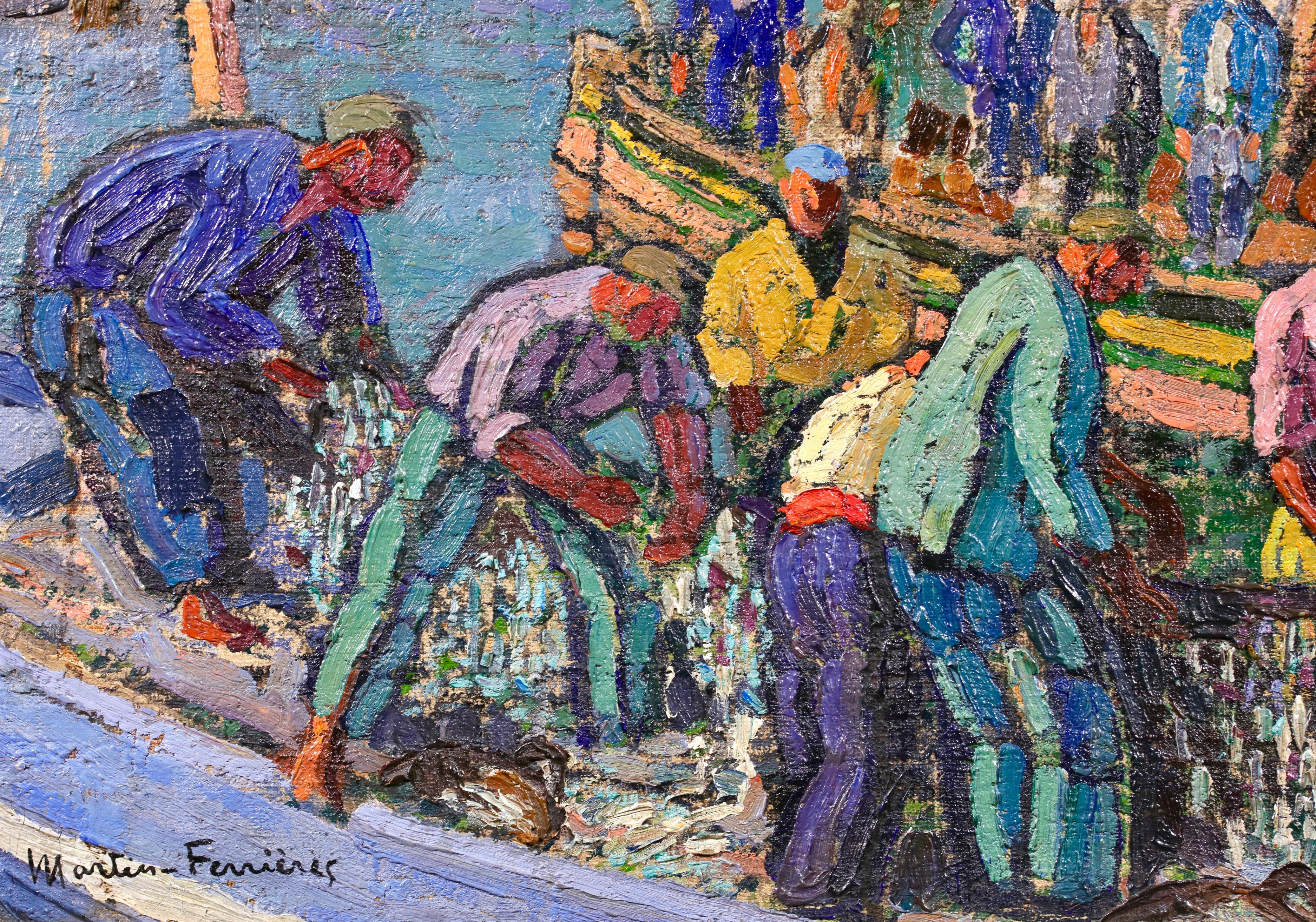 Figure firmate in un paesaggio olio su tela del 1920 circa del pittore post-impressionista francese Jacques Ferrier. L'opera raffigura un porto di Collioure, un comune del dipartimento francese dei Pirenei-Orientali. Il porto si riempie di pescatori