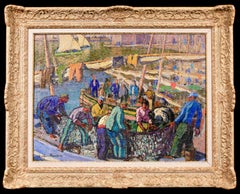 Collioure - Retour des Pecheurs - Huile post-impressionniste de J Martin-Ferrieres
