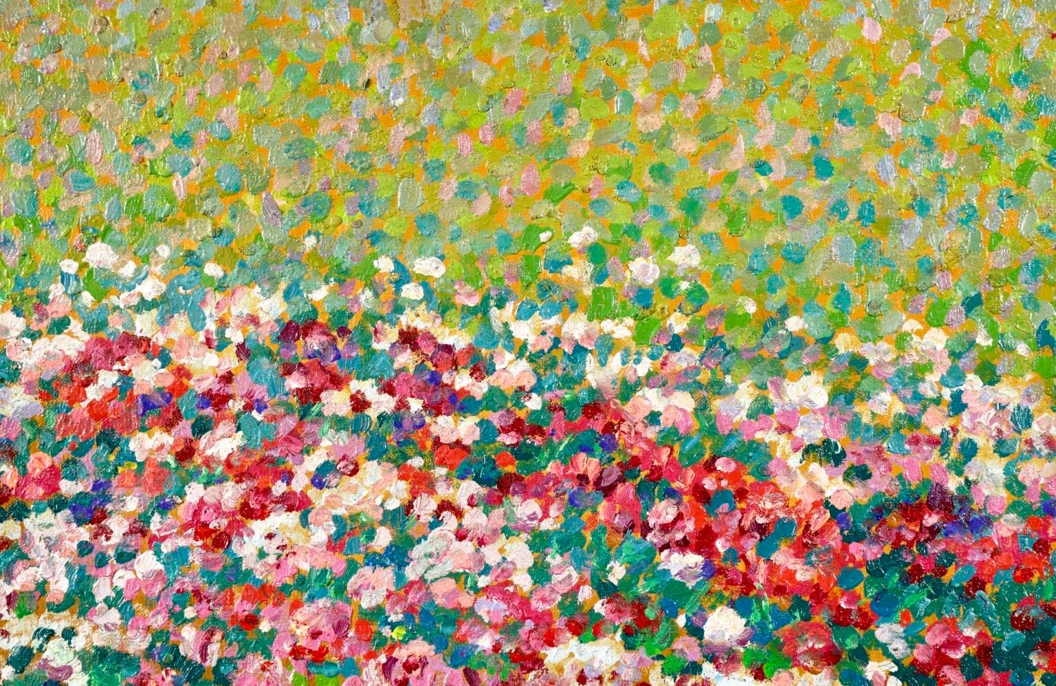 A stunning oil on canvas circa 1940 by French post-impressionist painter Jacques Martin-Ferrieres. This pointillist piece depicts a field of flowers in reds, pinks and whites standing out against the of the leaves and the grass in the