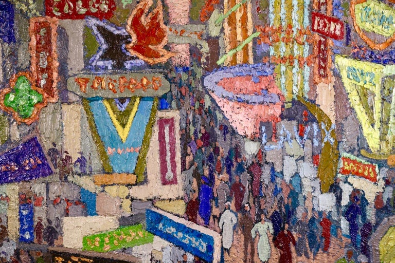 A wonderful pointillist oil on canvas by French post-impressionist painter Jacques Martin-Ferrieres. The piece depicts people visiting a bustling fair - Salon des arts ménagers (Household Arts Show). The show was an annual exhibition in Paris of