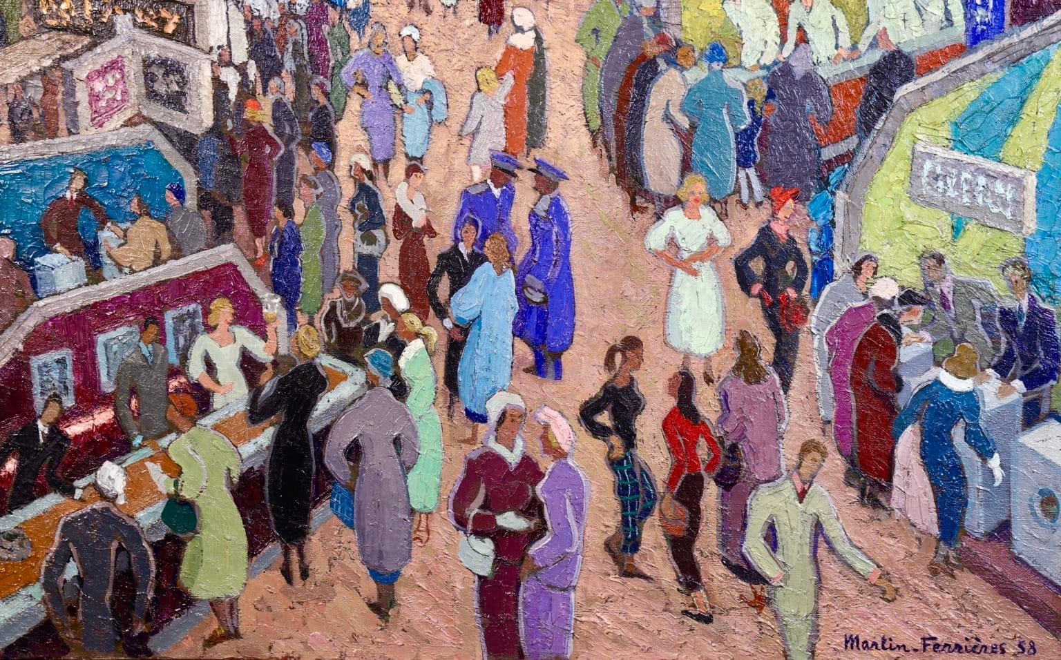 Figures at Household Arts Show - Post Impressionist Oil by J Martin-Ferrieres - Brown Figurative Painting by Jacques Martin-Ferrières