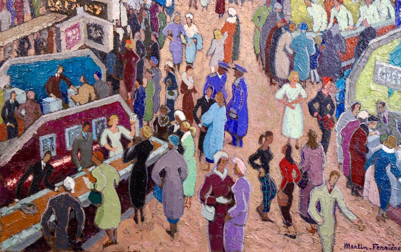 A wonderful pointillist oil on canvas by French post-impressionist painter Jacques Martin-Ferrieres. The piece depicts people visiting a bustling fair - Salon des arts ménagers (Household Arts Show). The show was an annual exhibition in Paris of