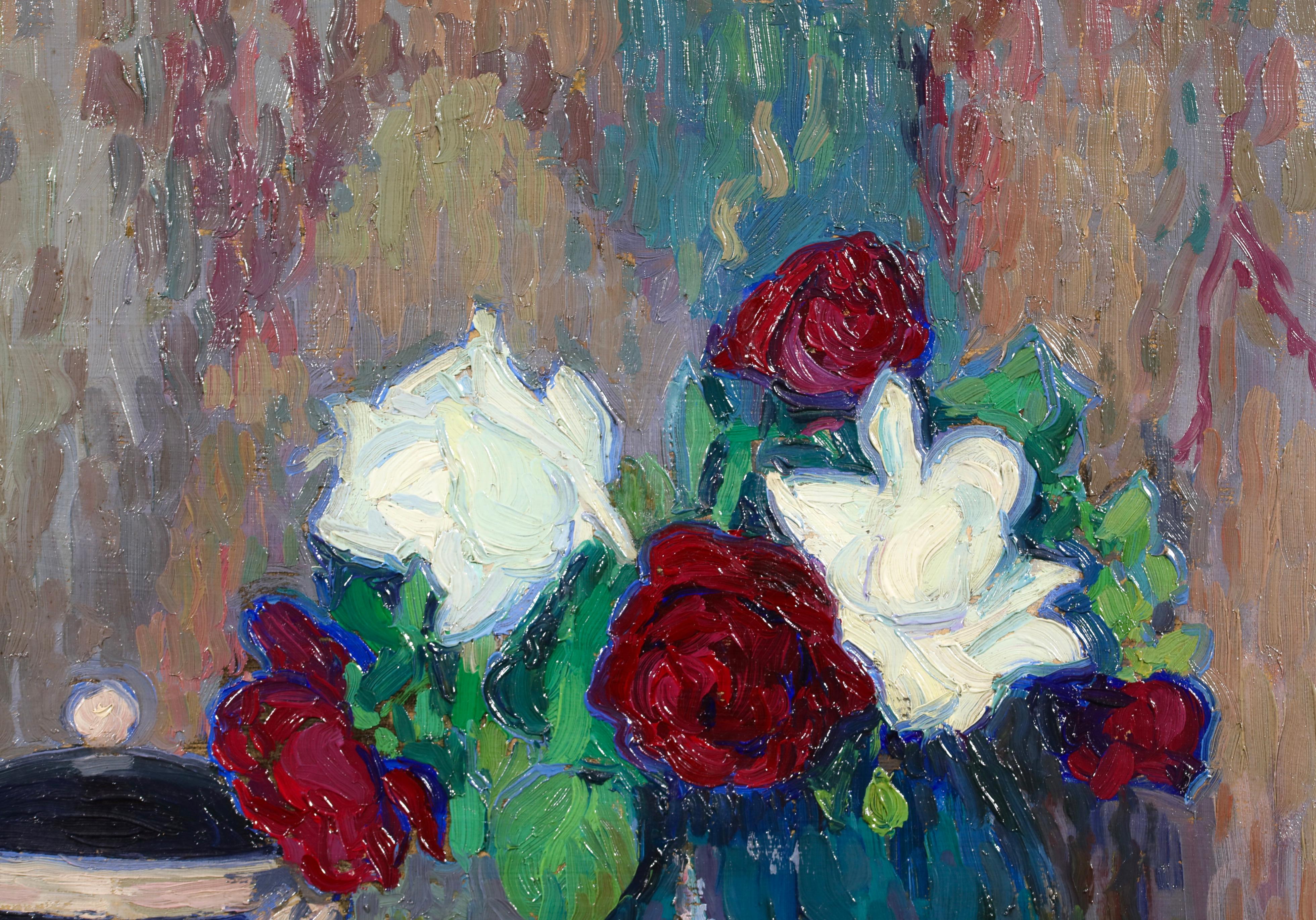Fleurs sur une table - Natura morta post-impressionista di Jacques Ferrieres - Painting di Jacques Martin-Ferrières