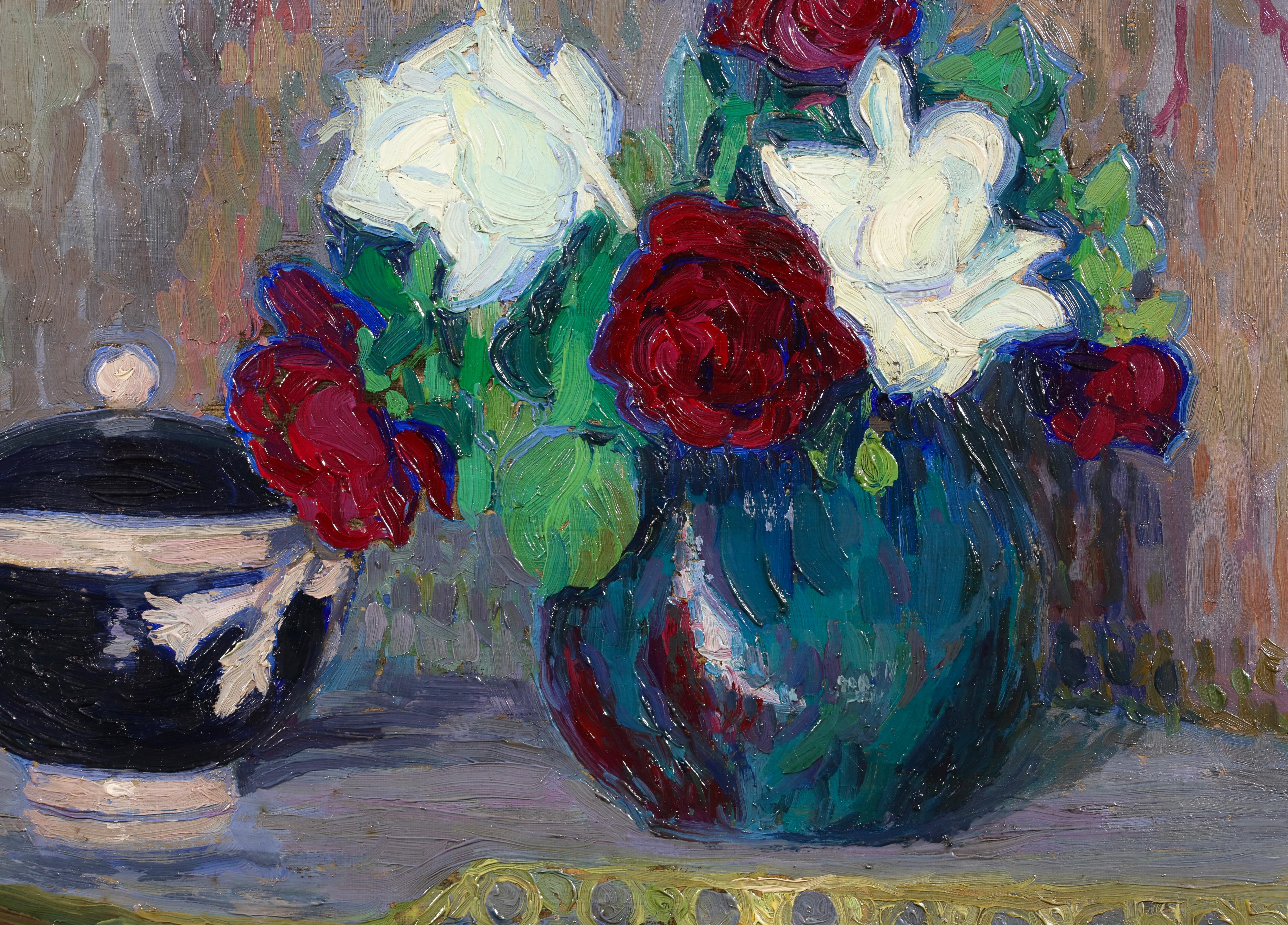 Fleurs sur une table - Natura morta post-impressionista di Jacques Ferrieres - Painting Postimpressionismo di Jacques Martin-Ferrières