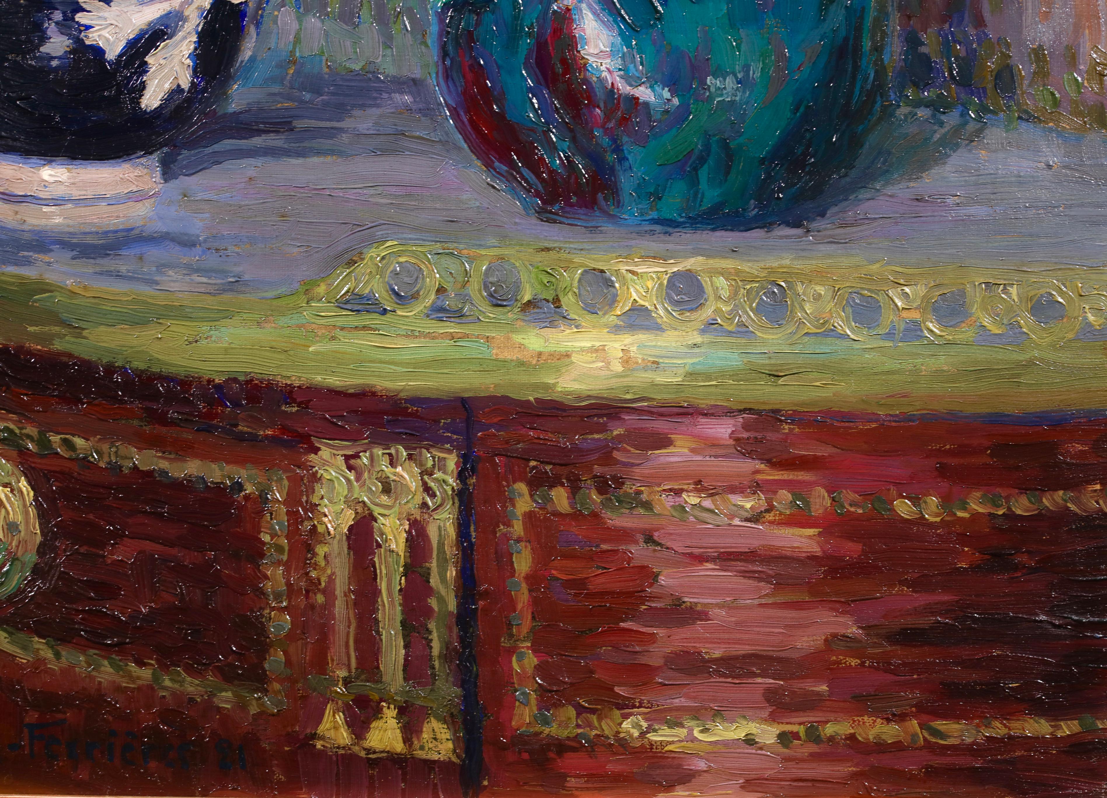 Fleurs sur une table - Natura morta post-impressionista di Jacques Ferrieres - Interior Painting Marrone di Jacques Martin-Ferrières