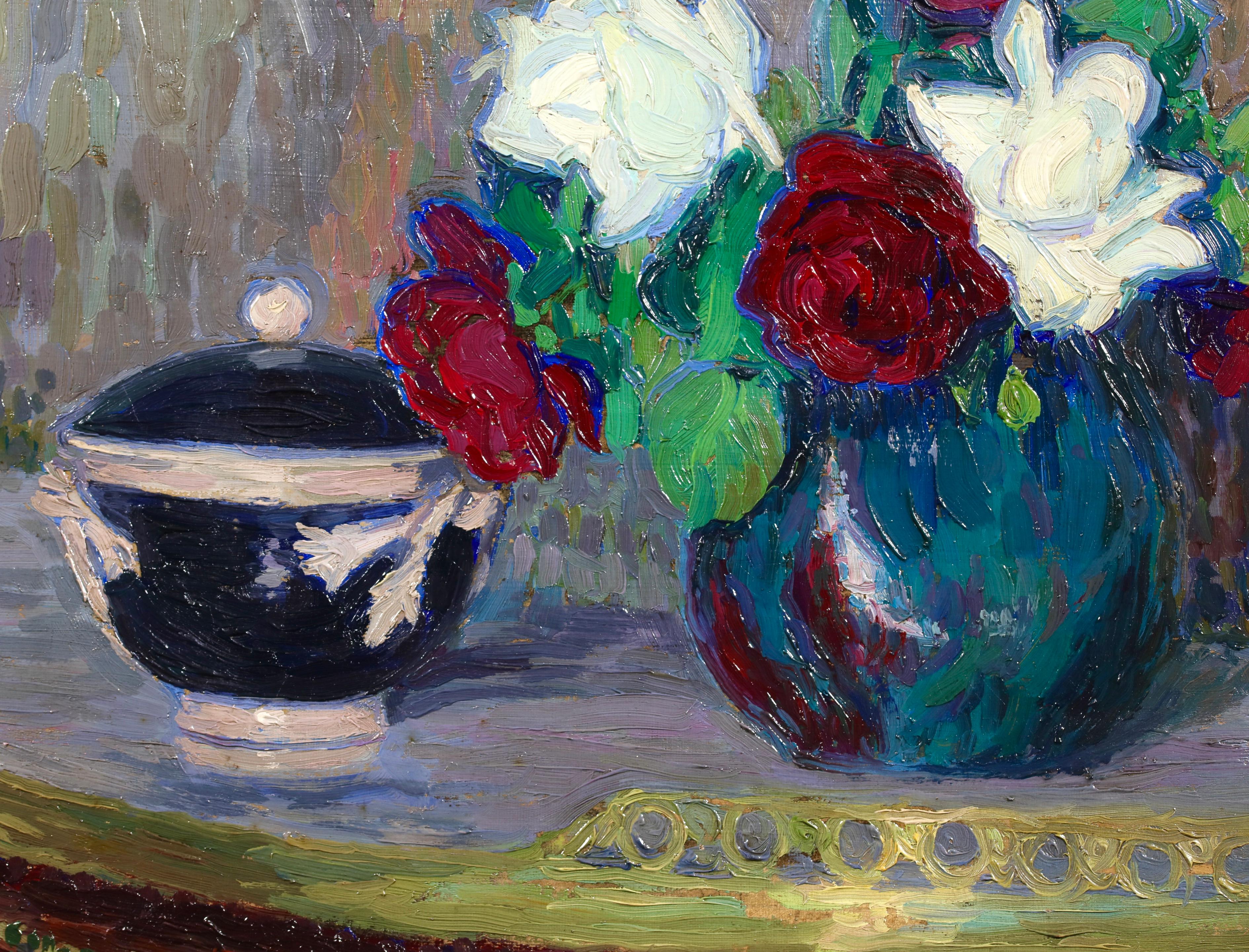 Fleurs sur une table - Natura morta post-impressionista di Jacques Ferrieres in vendita 1