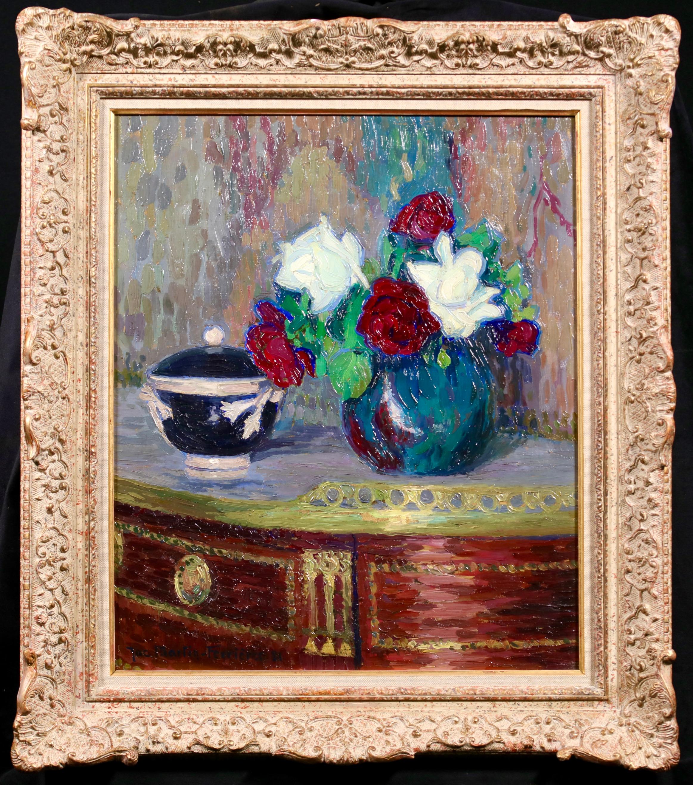 Interior Painting di Jacques Martin-Ferrières - Fleurs sur une table - Natura morta post-impressionista di Jacques Ferrieres