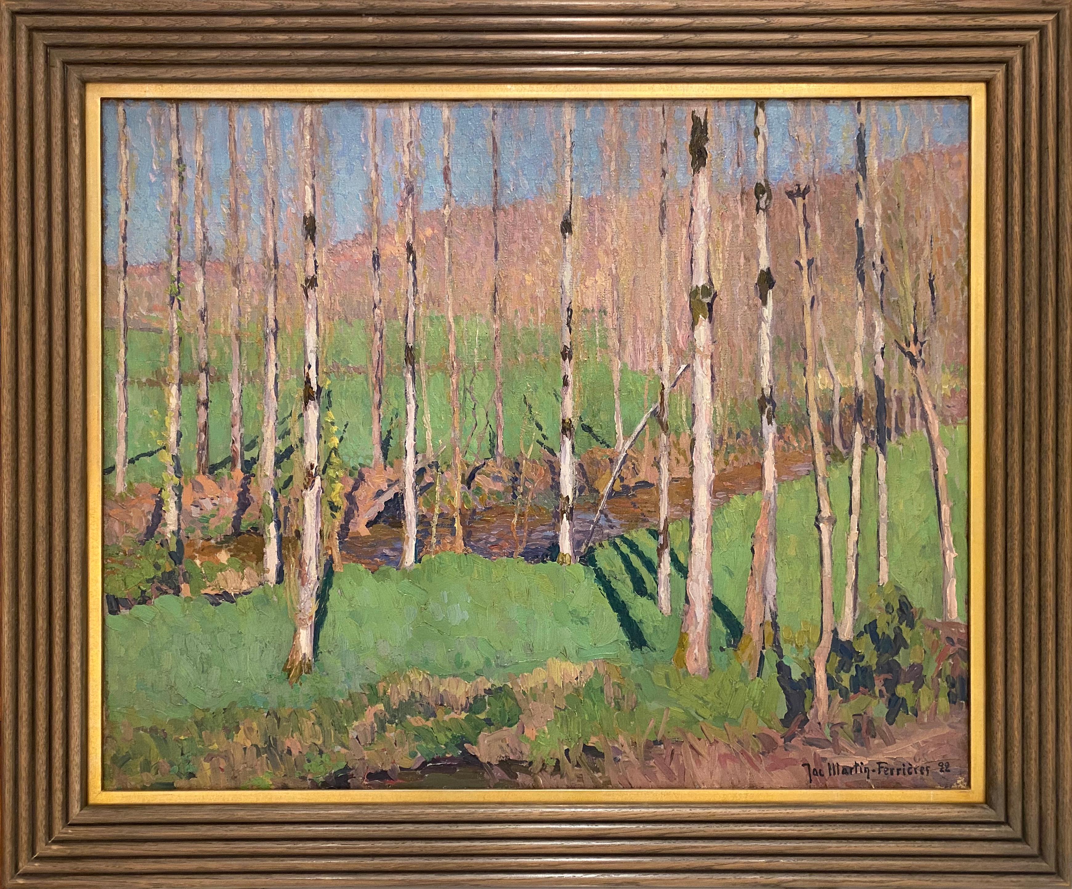 Französische Landschaft, Peupliers à St Cirq Lapopie – Painting von Jacques Martin-Ferrières