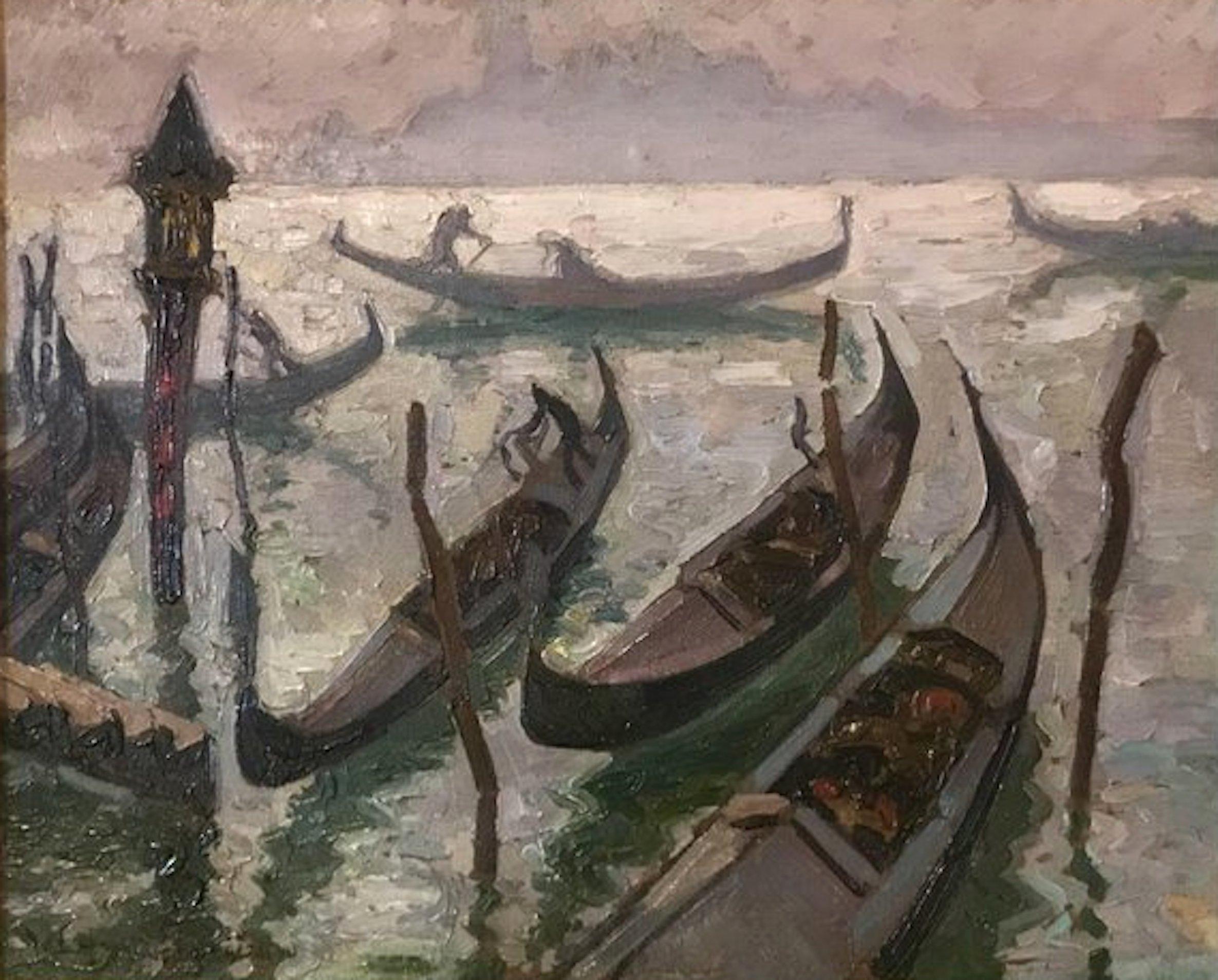Jacques Martin-Ferrières Landscape Painting - Gondolas in Venice