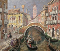 Gondoliers sur un canal - Venise - Post Impressionist Oil by J Martin-Ferrieres