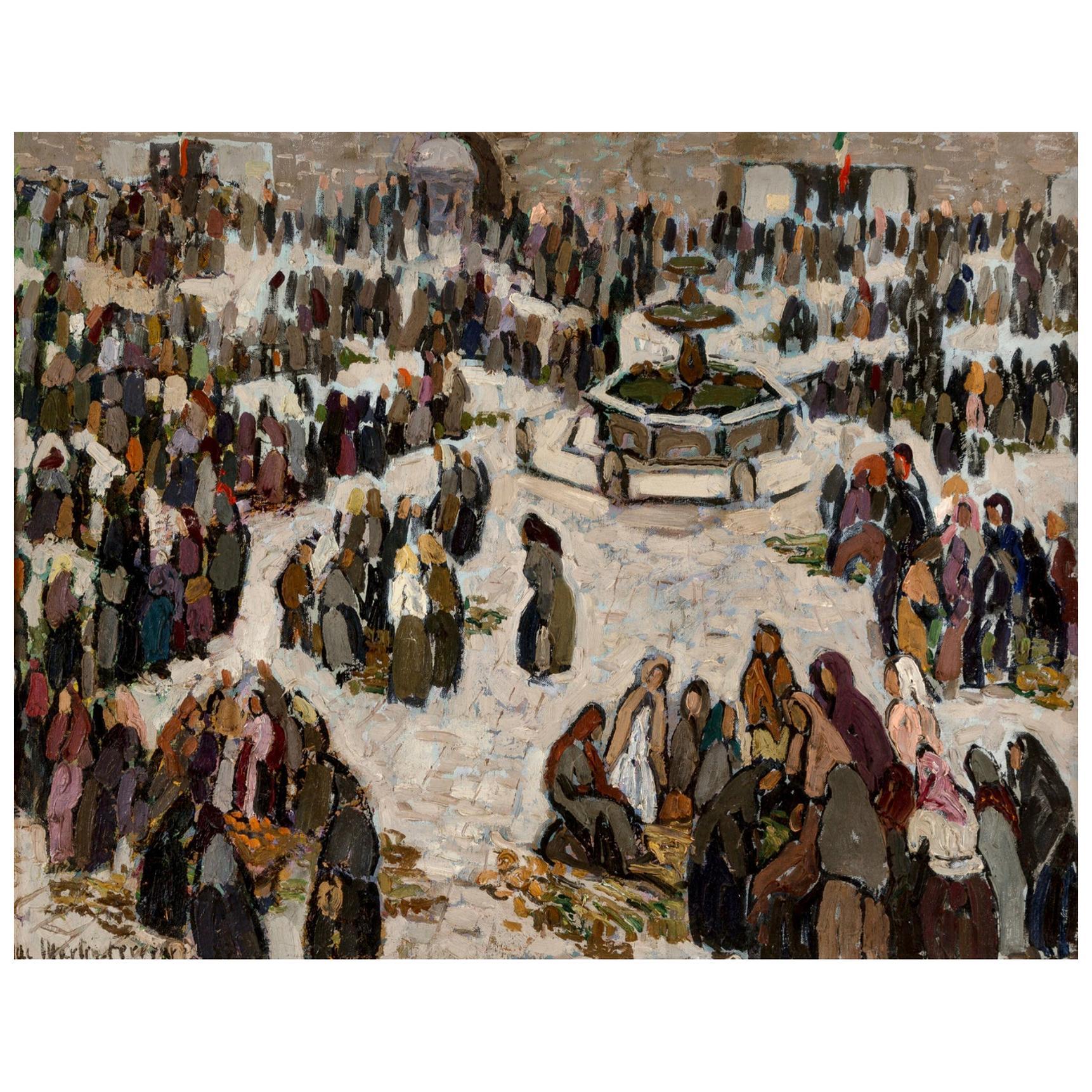 Jacques Martin-Ferrières (français, 1893-1972)
Le marché de Fontaine en Yougoslavie, avec la fontaine, vers 1938
Huile sur toile
Mesures : 22-3/4 x 29-1/4 pouces (57.8 x 74.3 cm)
Encadré : 31 x 38 pouces
Signé en bas à gauche : Jac