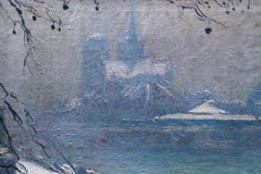La Neige - Paris 1919 - 20e siècle:: huile:: paysage fluvial enneigé de l'hiver par Ferrieres