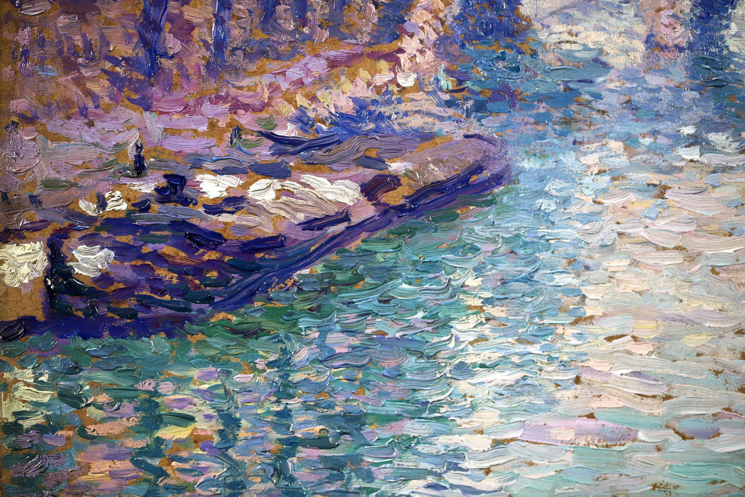 Paesaggio fluviale su tavola firmato e datato del ricercato pittore francese post impressionista Jacques Ferrieres. Questa bellissima opera puntinista, dipinta con toni prevalentemente blu e viola, raffigura una veduta del ponte Pont Neuf sulla