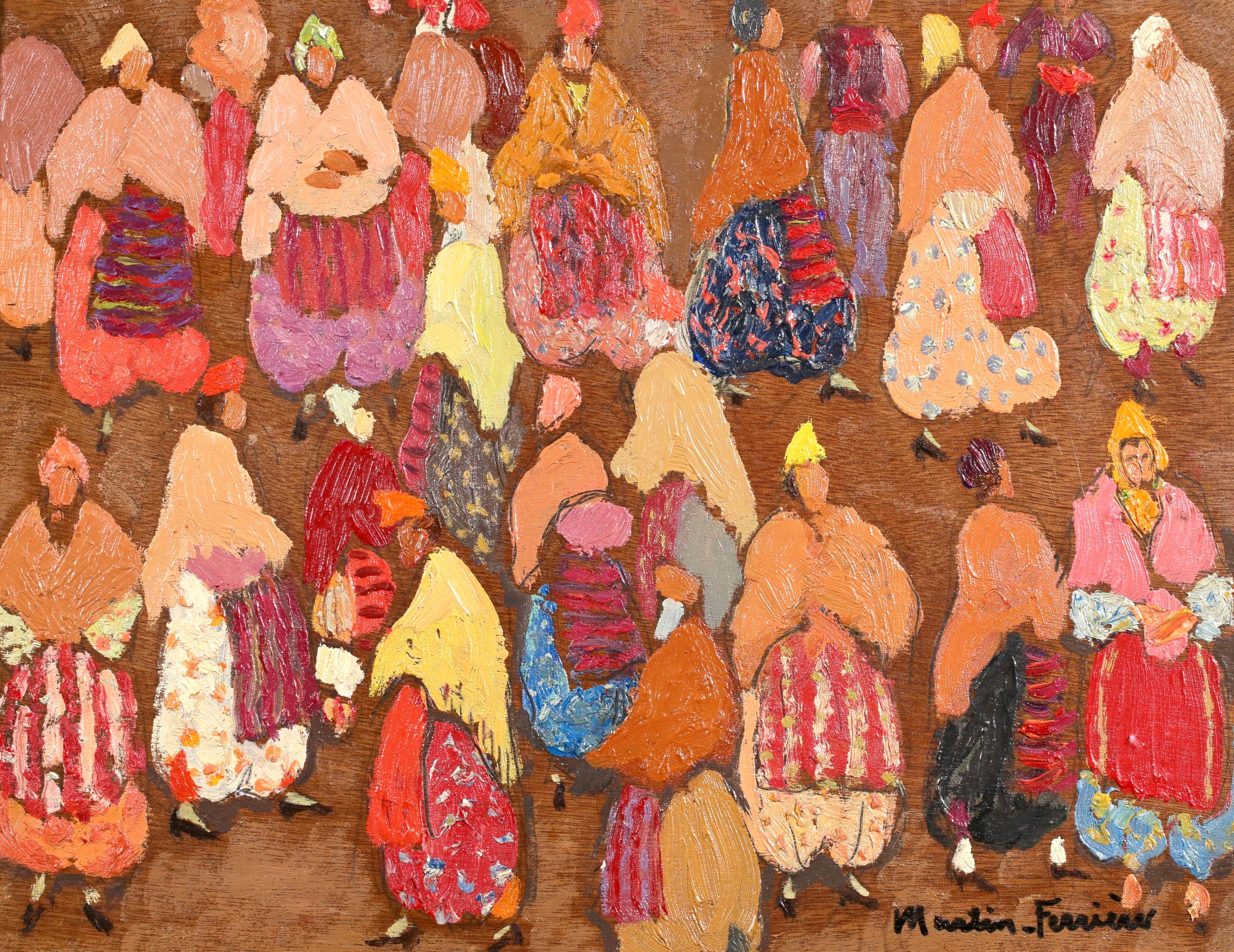 Marché à Prizren - Olio figurativo post-impressionista di Jacques Ferrieres - Painting di Jacques Martin-Ferrières