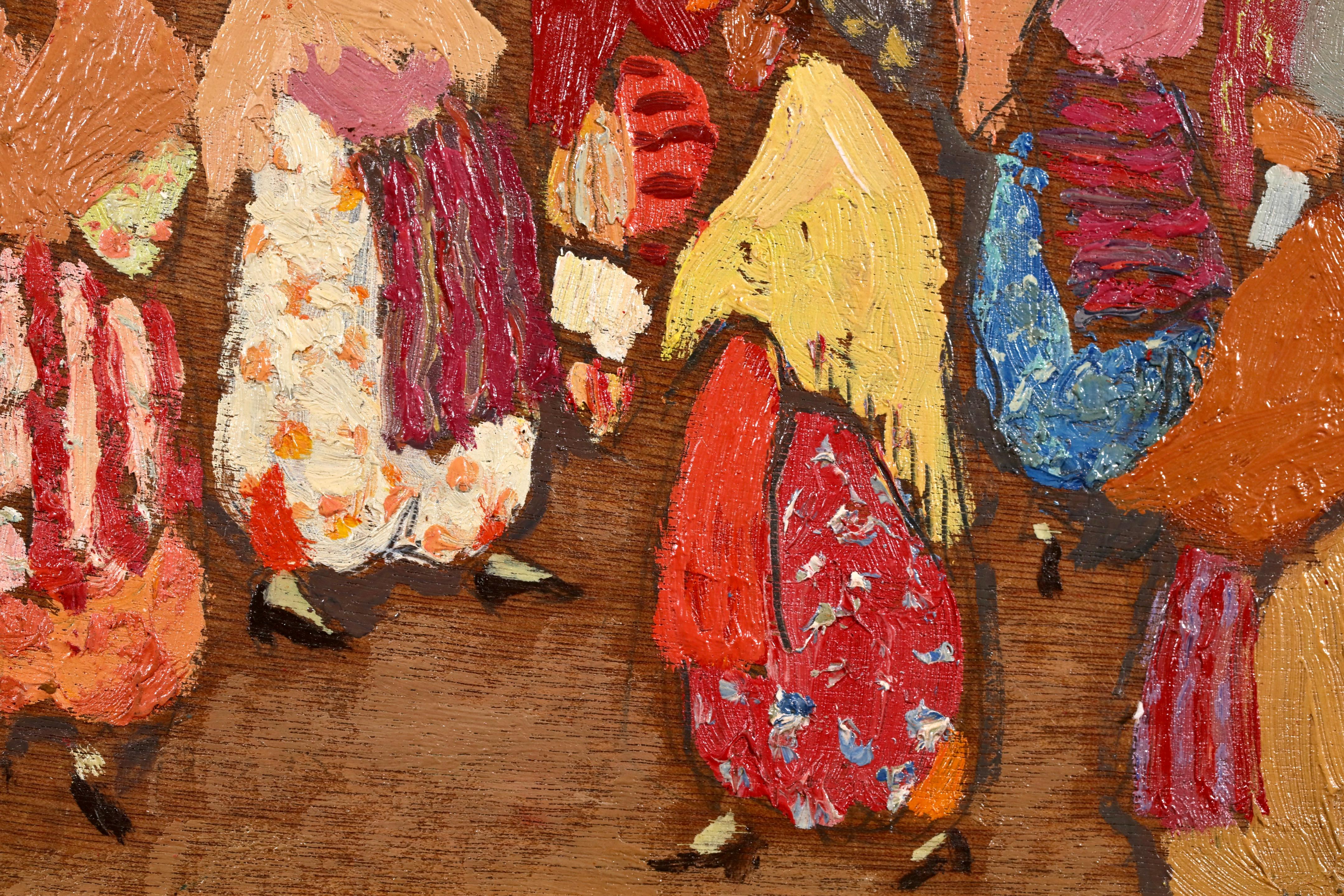 Olio figurativo su tavola firmato nel 1938 circa dal pittore post impressionista Jacques Jacques Ferrier. Questo splendido pezzo raffigura le persone che marciano verso Prizen, nell'ex Jugoslavia. Martin-Ferrieres dipinse una serie di vedute dei