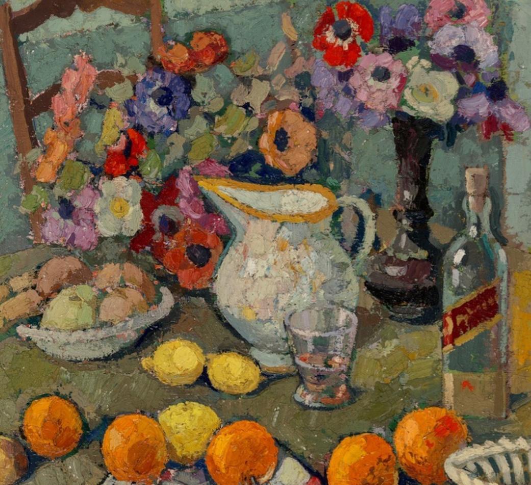 NATURE MORTE AU BOUQUET D'ANÉMONES Französisches Öl auf Leinwand 1960er Jahre Post-Impressionismus im Angebot 1