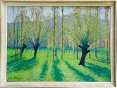 Peupliers au printemps au bord du Vert - Landscape Oil by J Martin-Ferrieres