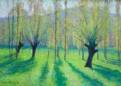 Peupliers au printemps au bord du Vert - Landscape Oil by J Martin-Ferrieres