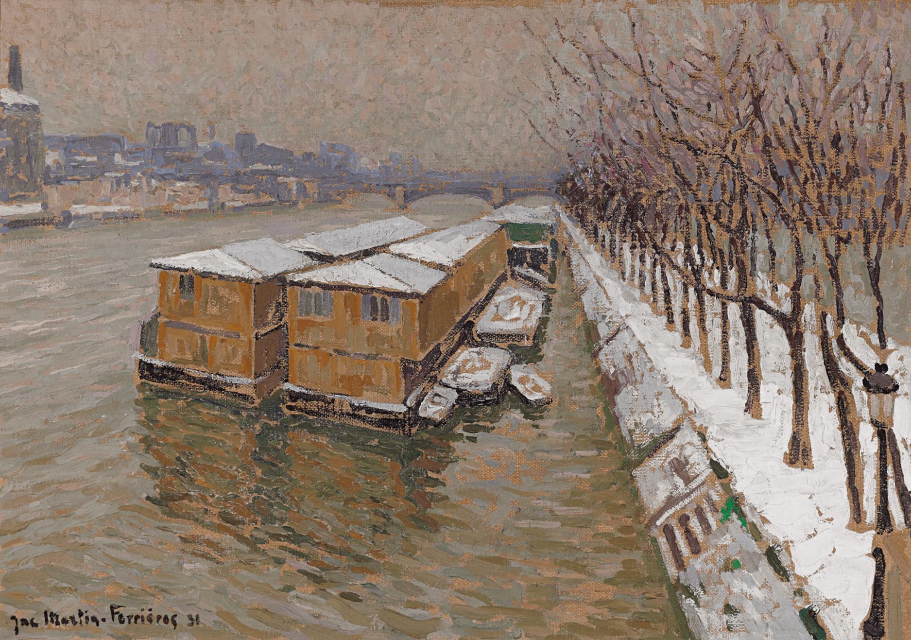 Jacques Martin-Ferri�ères Landscape Painting - Piscine Deligny on the River Seine