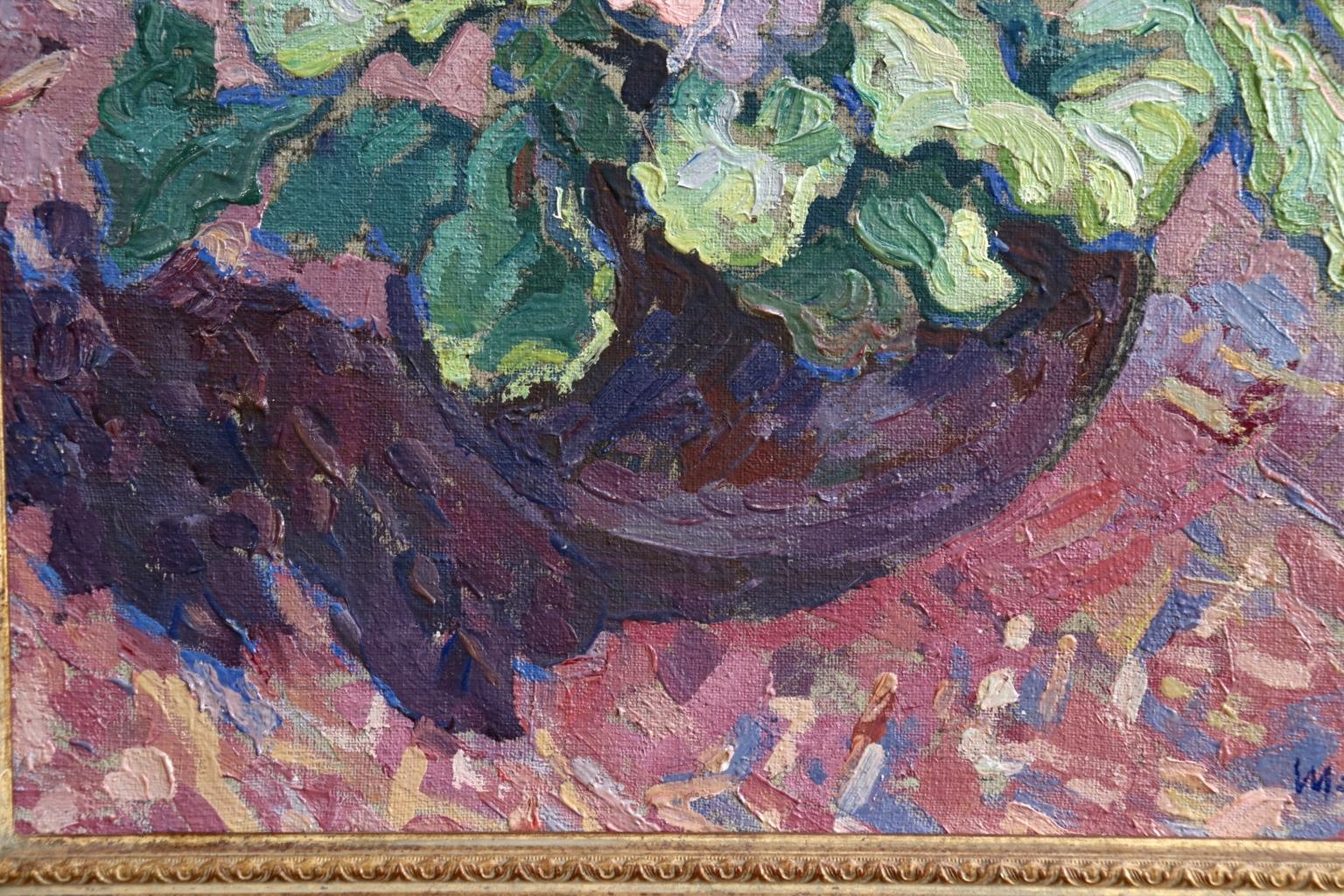 Óleo sobre lienzo bellamente coloreado, de hacia 1950, del pintor postimpresionista francés Jacques Martin-Ferrieres. La pieza representa una planta de prímula con delicadas flores rosas en una maceta morada sobre una alfombra estampada. Firmado
