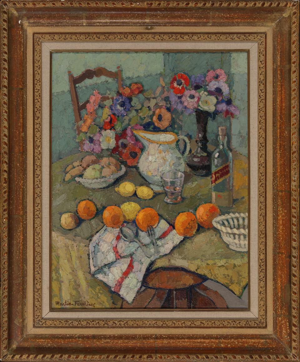 NATURE MORTE AU BOUQUET D'ANÉMONES Französisches Öl auf Leinwand 1960er Jahre Post-Impressionismus – Painting von Jacques Martin-Ferrières