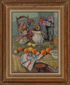 NATURE MORTE AU BOUQUET D'ANÉMONES French oil on canvas 1960s Post-Impressionist