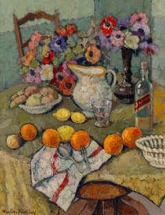 NATURE MORTE AU BOUQUET D'ANÉMONES Olio su tela francese degli anni '60 Post-Impressionista